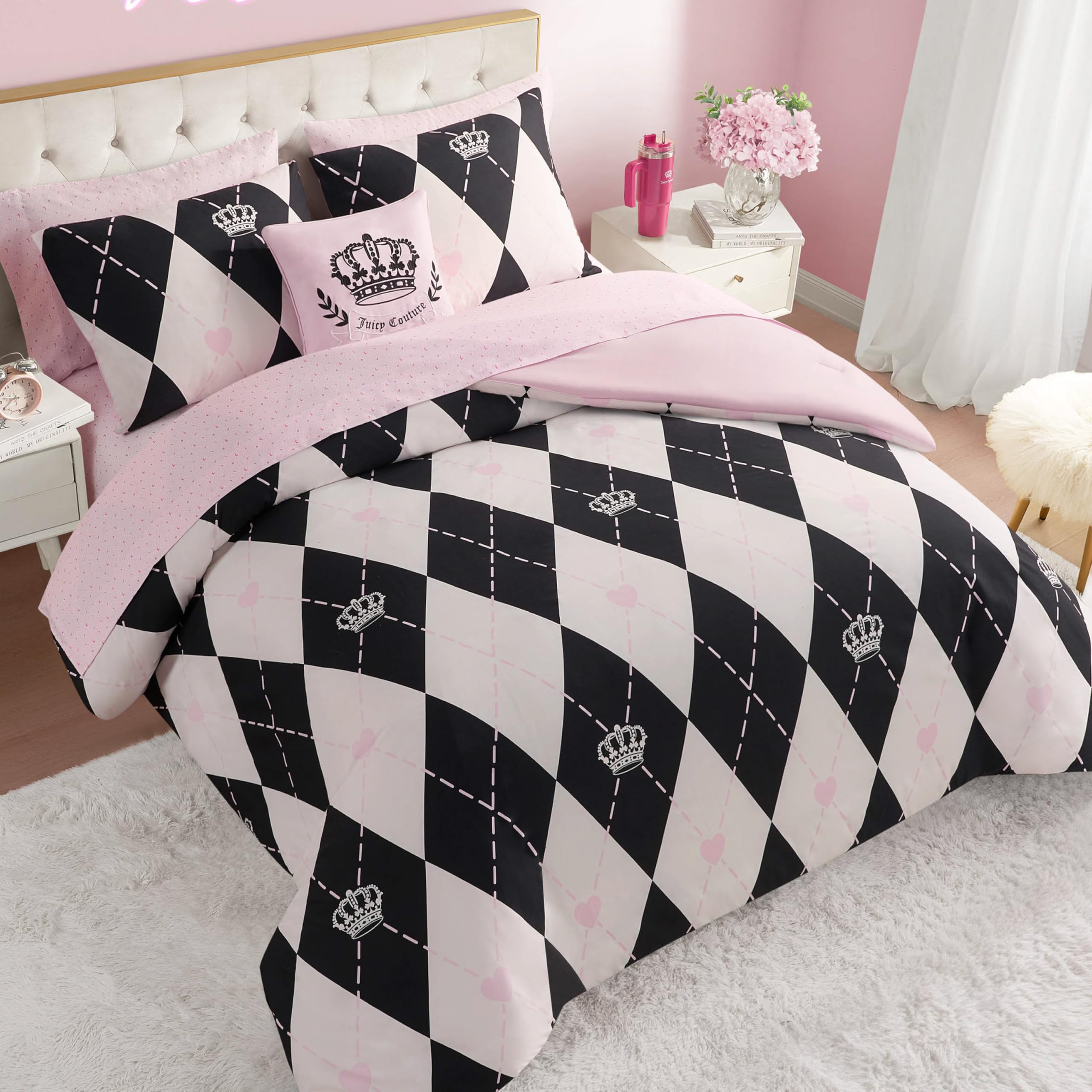 Juicy Couture Royal Argyle 8-Piece Reversible Bed in a Bag, King Designer Bedding Set
