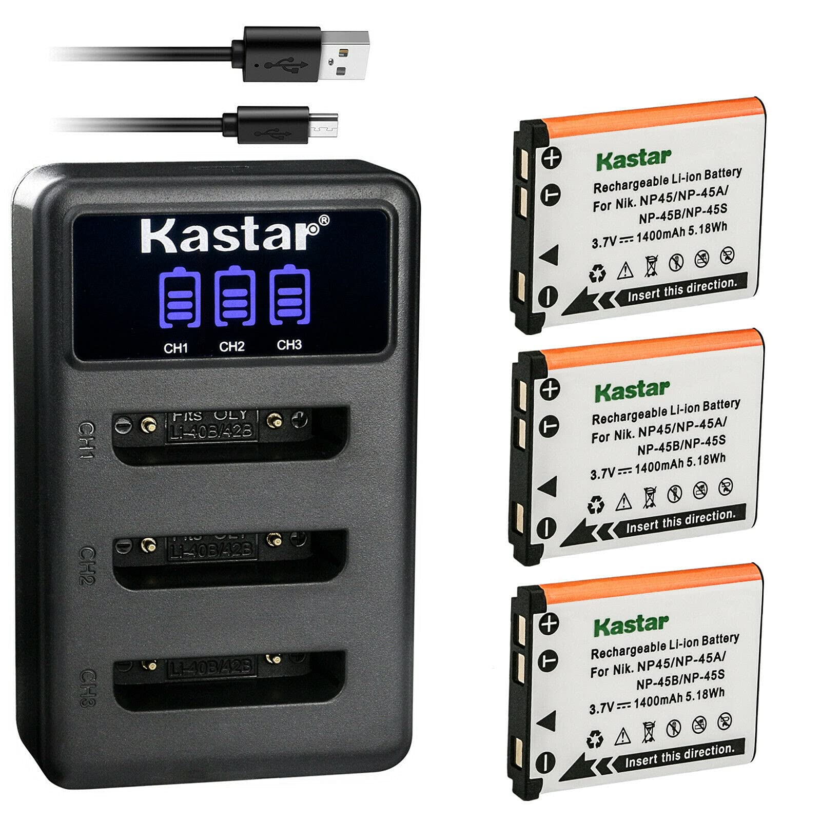 Kastar3 Pack Battery and LCD Triple USB Charger Compatible with Fujifilm FinePix J40 J100 J110W J120 J210 J250 JV100 JV105 JV150 JV155 JV160 JV200 JV205 JV250 JV255 JV300 JV500 JX200 JX205 JX210