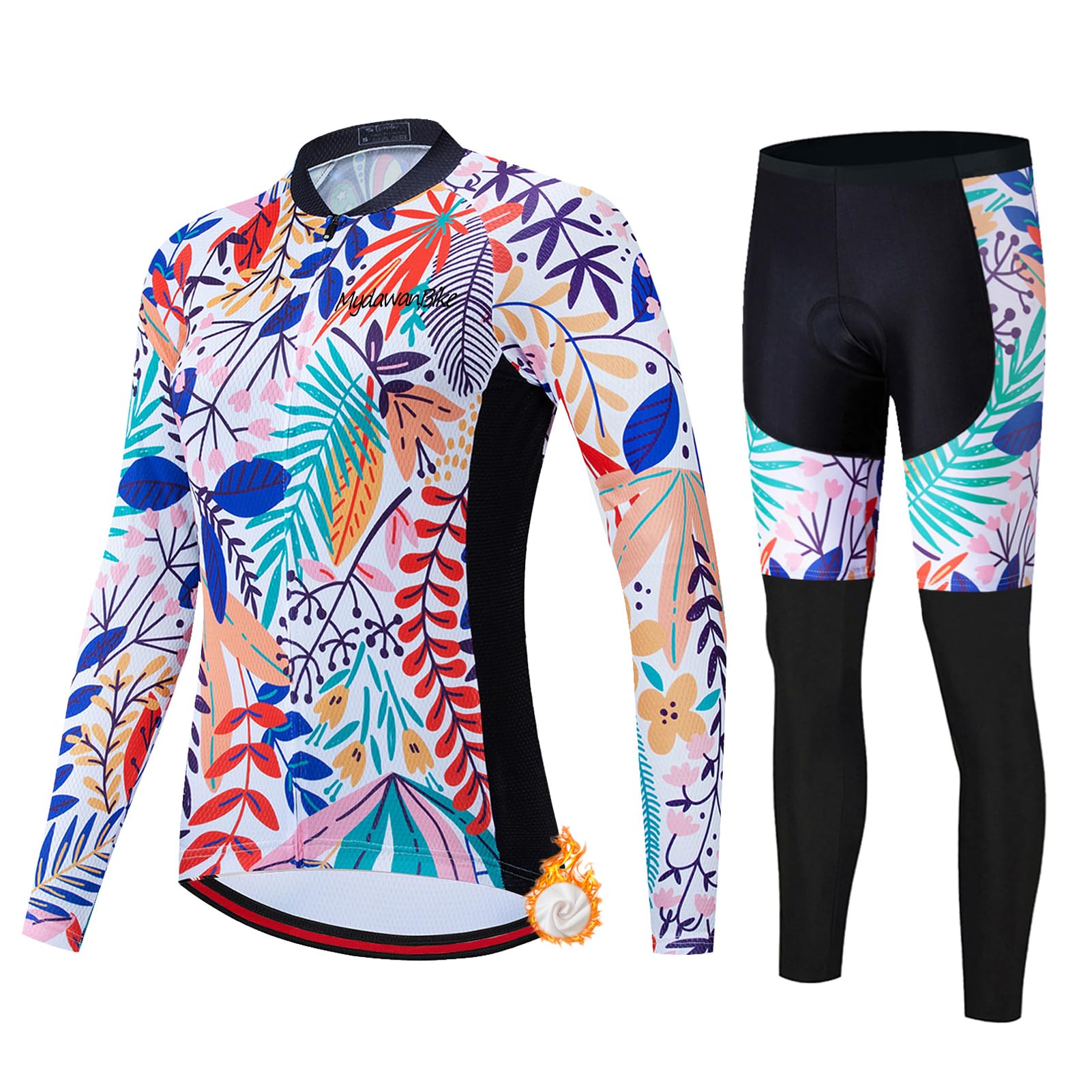 Maillot Cyclisme Femme Hiver,Vêtements de Velo VTT Tenue Cycliste en Polaire Thermique Jerseys Manche Longue et Pantalon Long avec 19D Coussin Gel,Ensemble Combinaisons de Cycling MTB Respirant