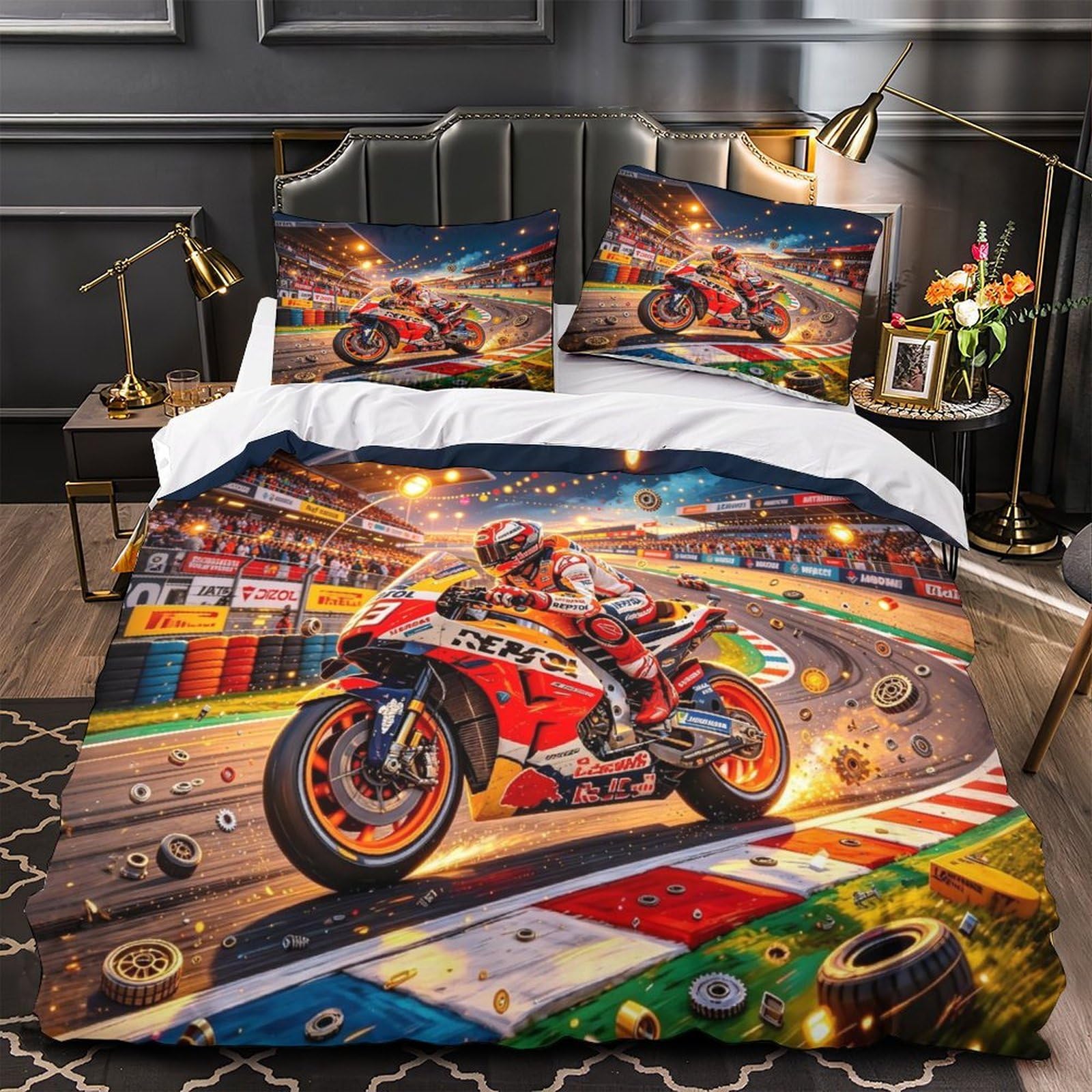 DAFUfbw 3D Motor Road Racing Duvet Cover With Hidden Zipper, Motorcycle Race Quilt Cover with Pillowcases, Motor Road Racing Bedding Set Soft Microfiber Super King（260x220cm）