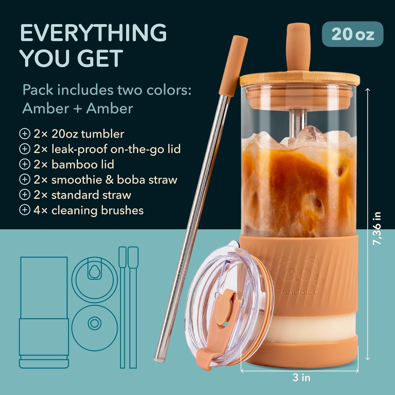 Pandaloo® Glass Cups With Lids and Straws -20 Fl Oz- Perfect Size Iced Coffee Cup - Smoothie Cup With Bamboo Lid and On the go Lid - Glass Tumbler With Straw (2 Count (Pack of 1), Amber Sand)