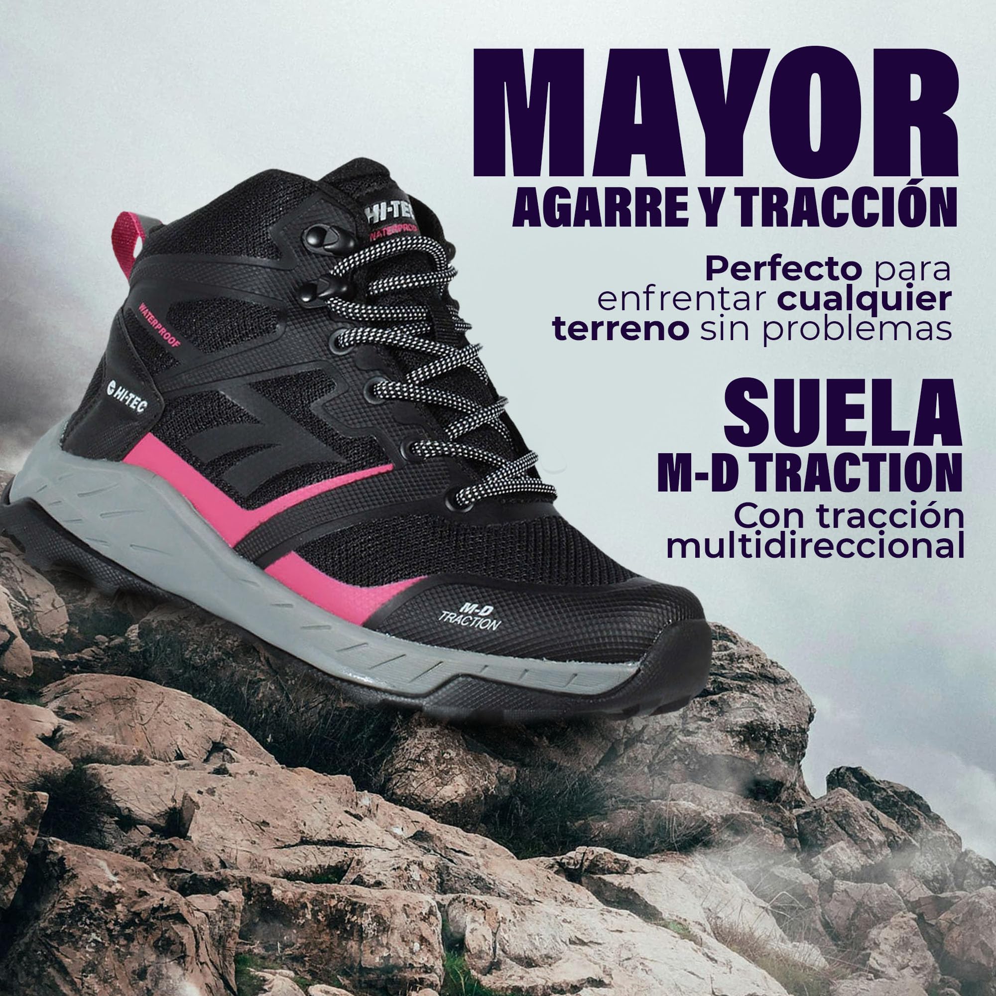 HI-TEC Toubkal Mid WP - botas de montaña mujer,zapatillas trekking con confort y protección, buena tracción y agarre, tirador trasero, membrana impermeable, ajuste seguro, ideales para senderismo