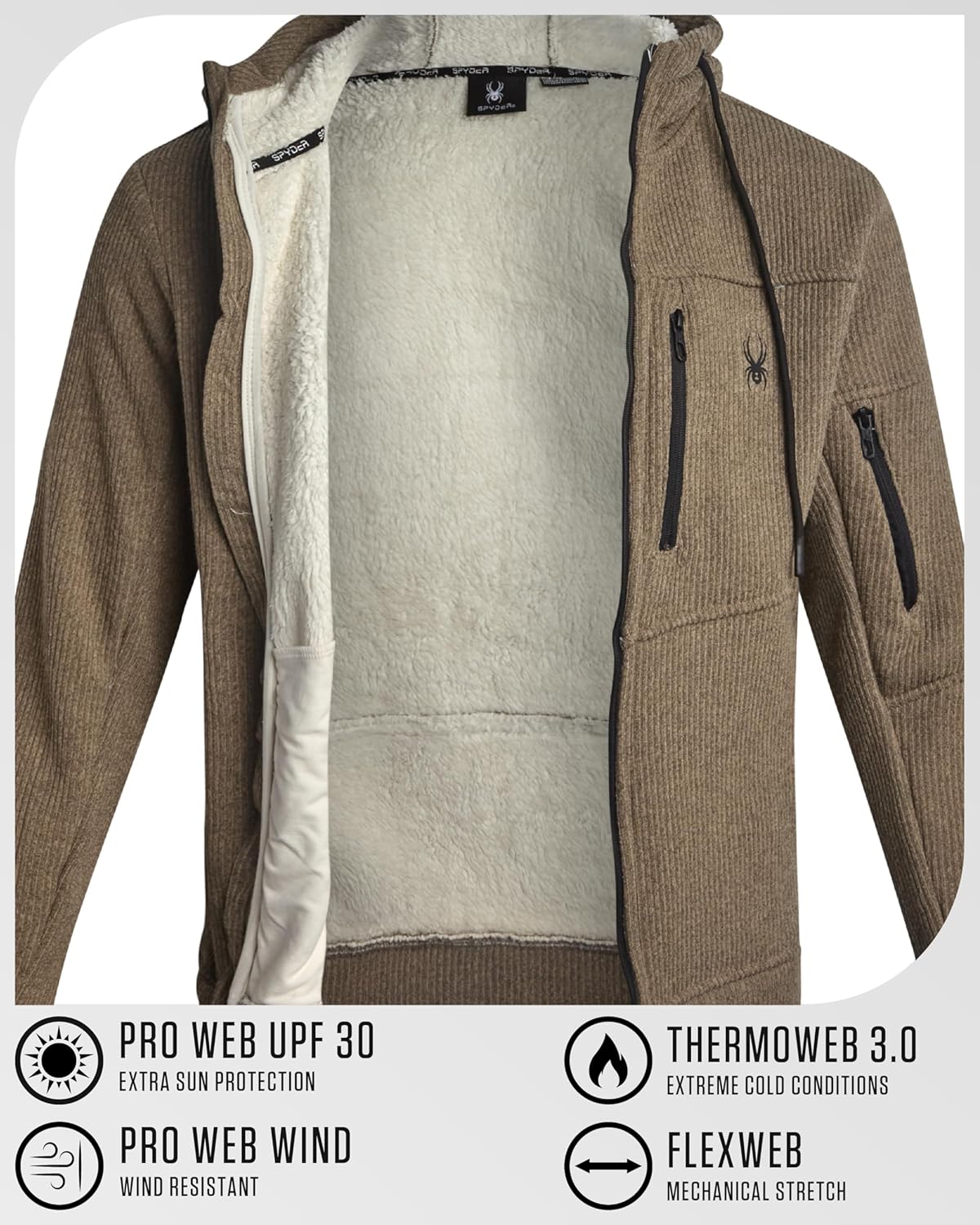 Spyder Mens Sherpa Fur Hoodie - Soft Stretch Waffle Knit Full Zip Up Hoodie Sweatshirt for Men with Cozy Sherpa Fleece Lining - Image 2