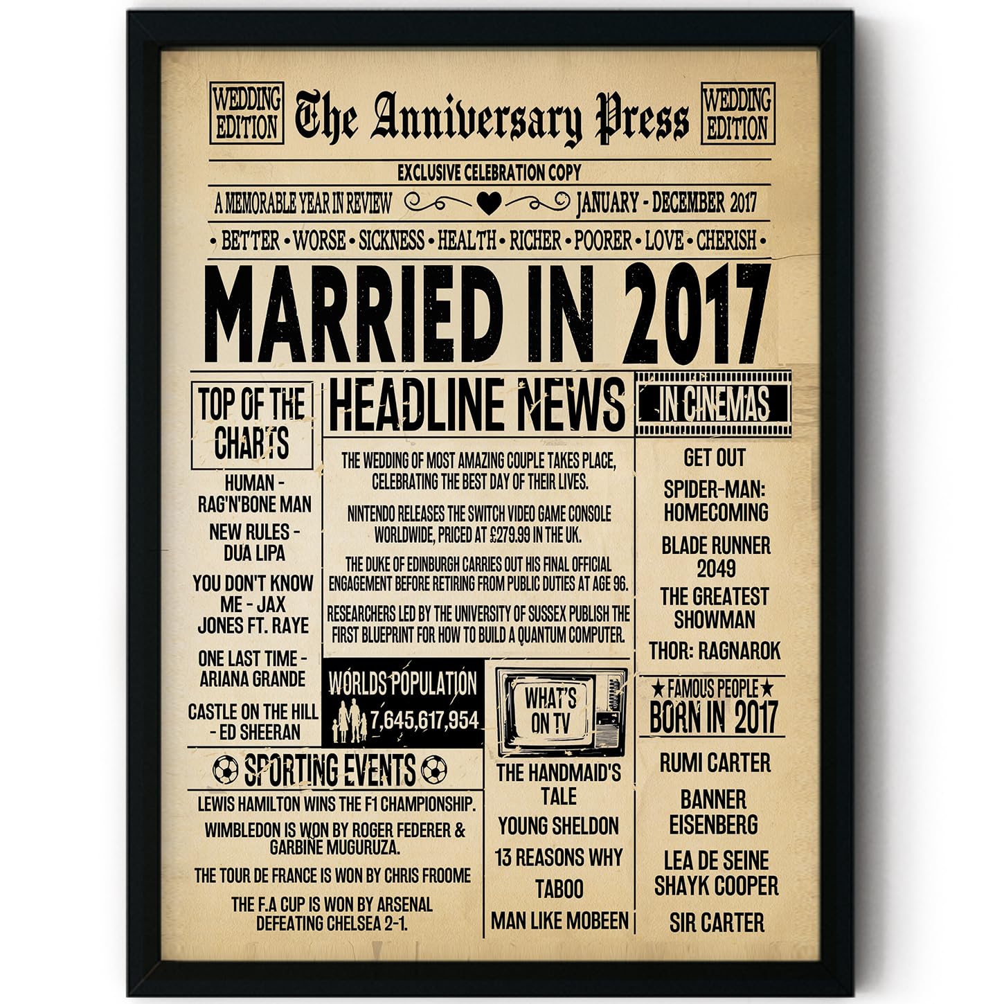 Stuff4 9th Anniversary Poster Framed - Married In 2017 Newspaper - 9 Wedding Anniversary for Men Women Retro Vintage Gifts Back In 2017, 8x10 Inch Anniversaries Posters