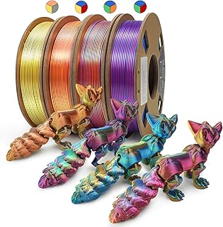 Tri-Color Silk PLA Filament 1.75mm, 3D Printer PLA Filament Bundle, Shiny Multi Color Coextrusion 3D Printing Filament, 250g x 4 Spools, Silk PLA Bundle