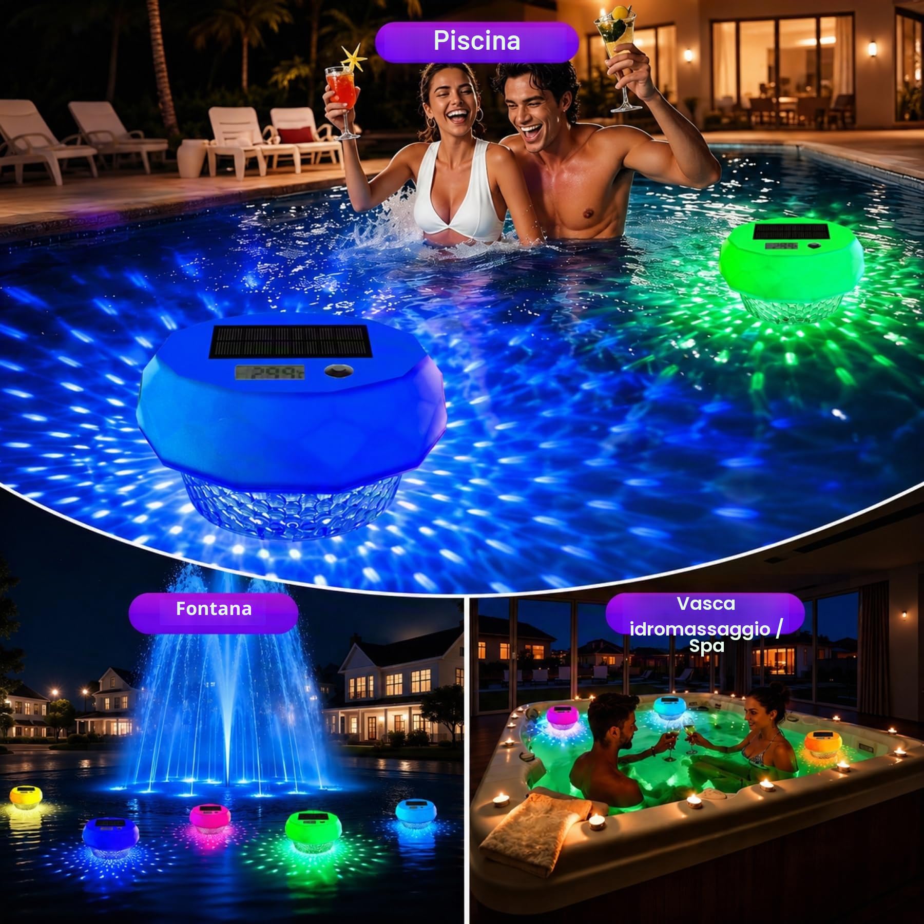 Termometro Digitale Solare per Piscina–Termometro Galleggiante con Display e Funzione Timer, Termometro per Piscina con 8 Effetti Luminosi Dinamici, Termometro Digitale Impermeabile IP68 per Piscine