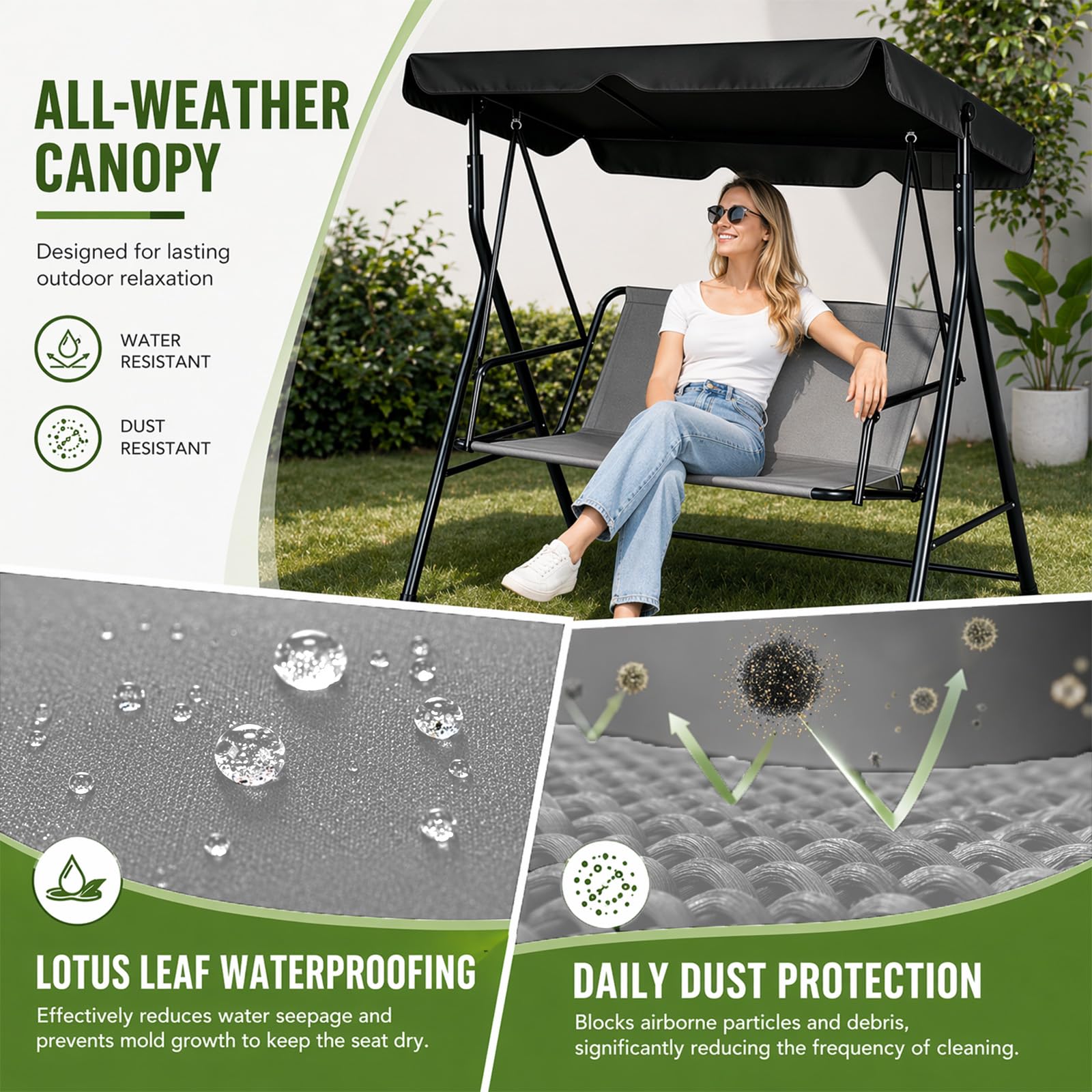 Hollywoodschaukel Ersatzbezug Sitzbezug 900D Oxford Stoff Wasserdicht für 2 3 Sitzer Schaukelauflage Bezug Austauschbar Strapazierfähig für Garten Terrasse (Grau, 115 x 48 x 48 CM)
