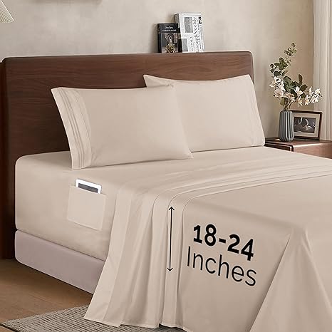 Elegant Comfort Luxury 1500 Premium Hotel Quality Microfiber 4-Piece Sheet Set - Soft, All Around Elastic 18-24 Inches Deep Fitted Sheet - Extra Deep Pocket Sheets, Full, Cream