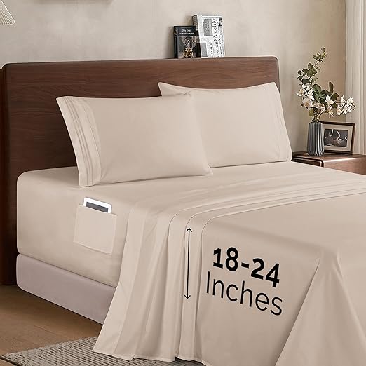 Elegant Comfort Luxury 1500 Premium Hotel Quality Microfiber 4-Piece Sheet Set - Soft, All Around Elastic 18-24 Inches Deep Fitted Sheet - Extra Deep Pocket Sheets, Full, Cream