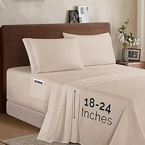 Elegant Comfort Luxury 1500 Premium Hotel Quality Microfiber 4-Piece Sheet Set - Soft, All Around Elastic 18-24 Inches Deep Fitted Sheet - Extra Deep Pocket Sheets, Full, Cream