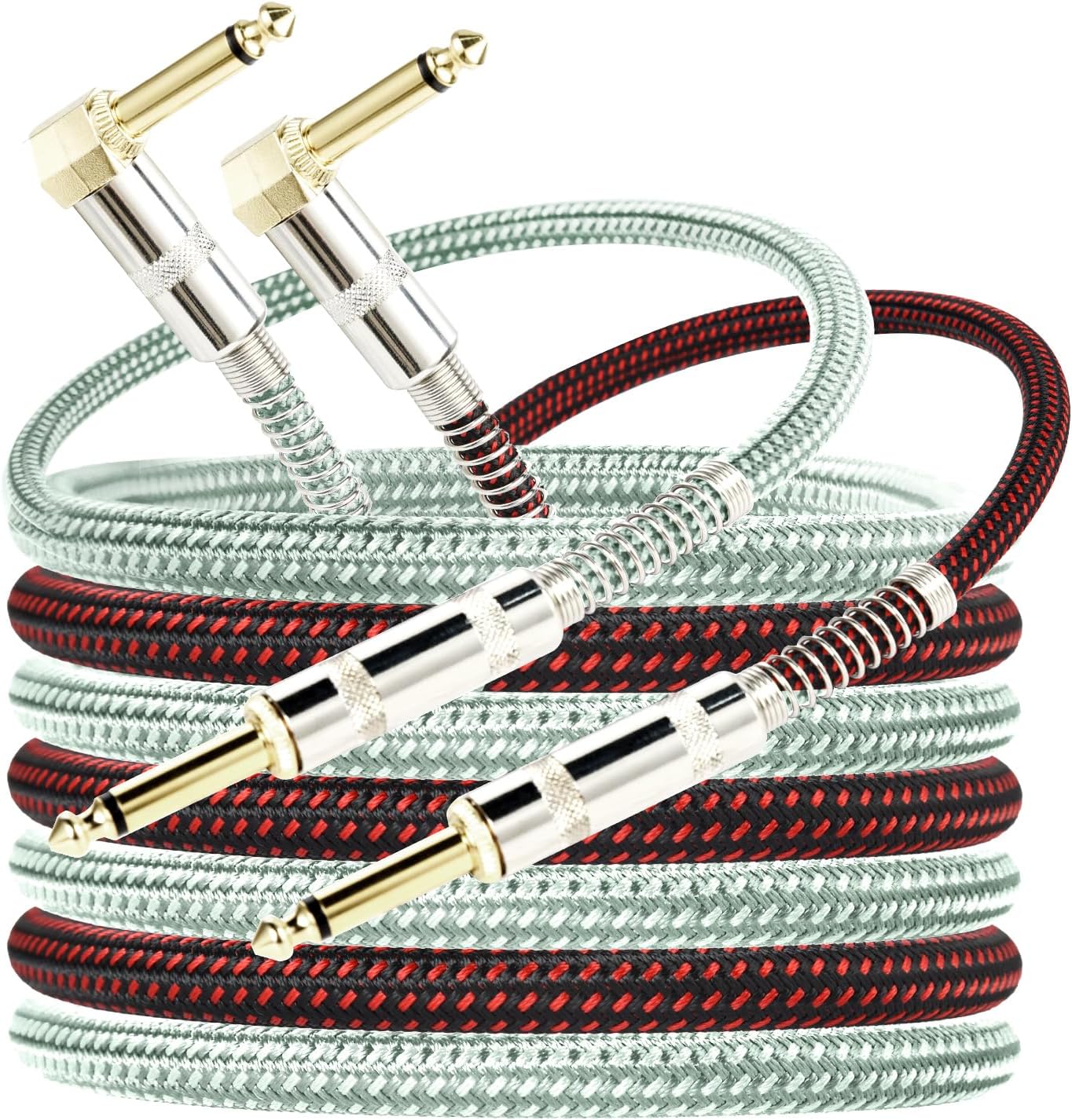 OTraki 10ft Guitar Cable 2 Pack Electric Guitar Chord Instrument Cable Quarter Inch L Shaped Guitar Cable Straight to Right Angle Gold Plated Plug for Bass Amp Keyboard Red & Green