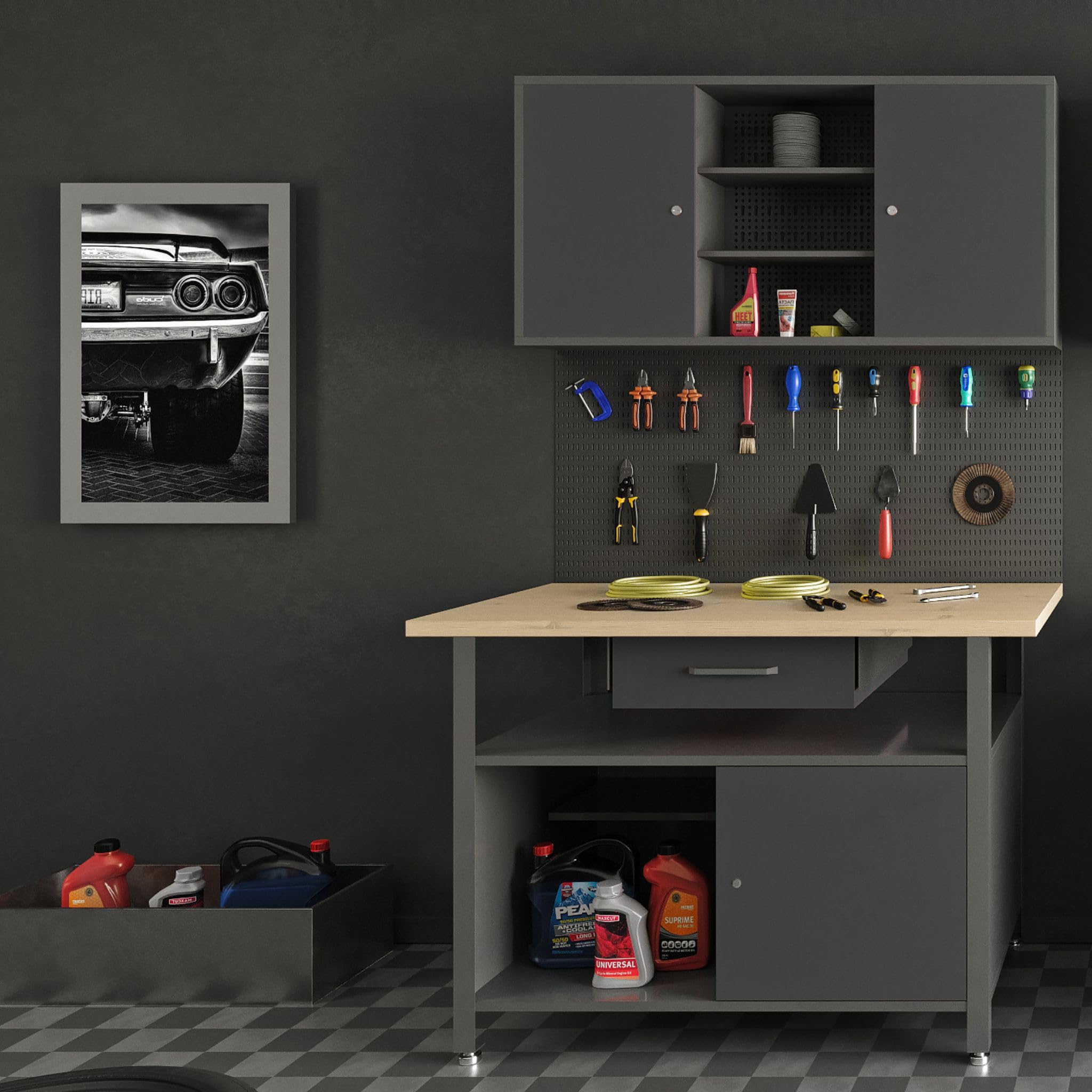 Jan Nowak Armoire Murale à Outils Métal 2 Étagères 120 x 60 x 20 cm Noir | Armoire d’atelier suspendue, 2 étagères réglables, 2 compartiments et rangement mural robuste en métal noir.