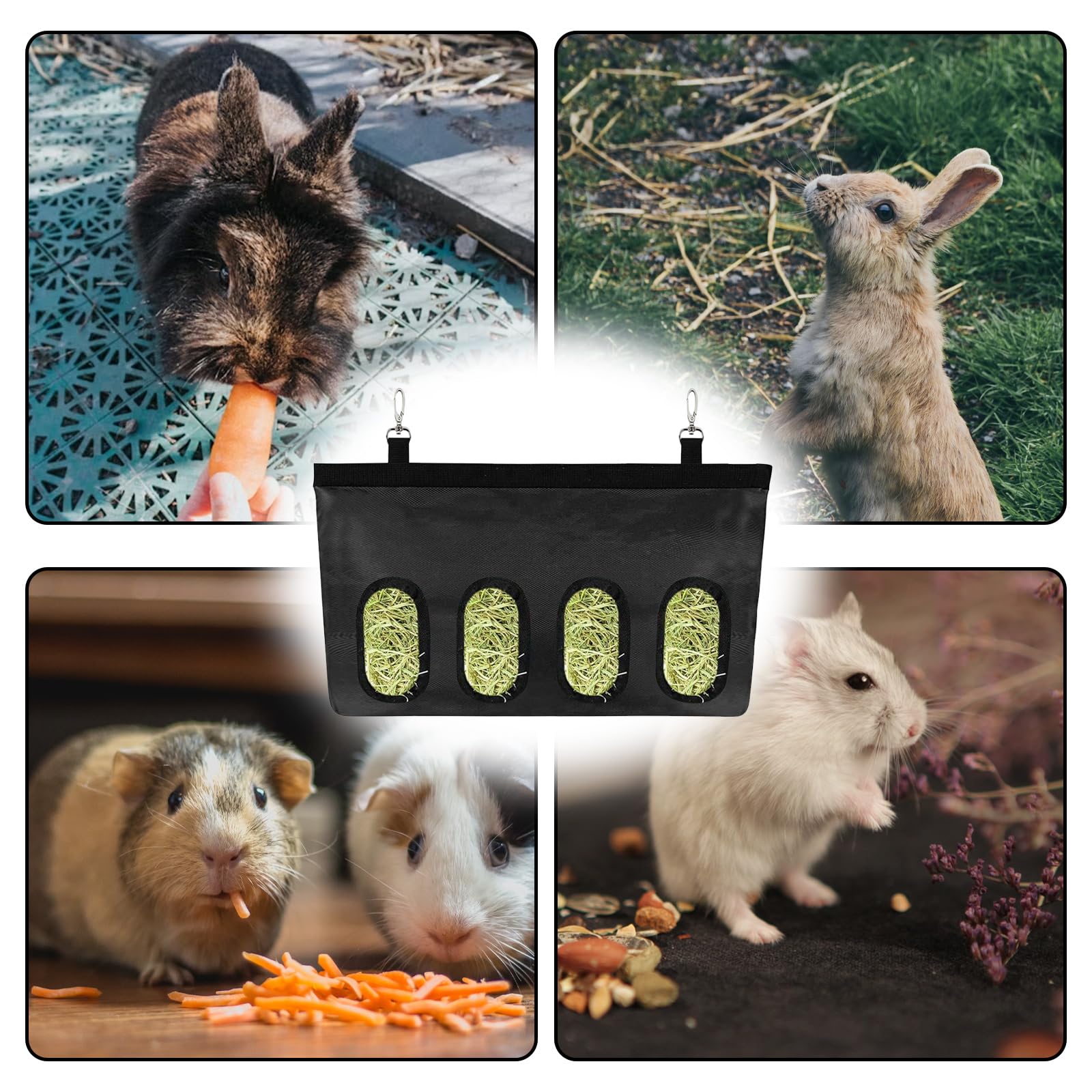 Sac à Foin pour Lapin, Distributeur Automatique Suspendu avec 4 Fenêtres, Noir