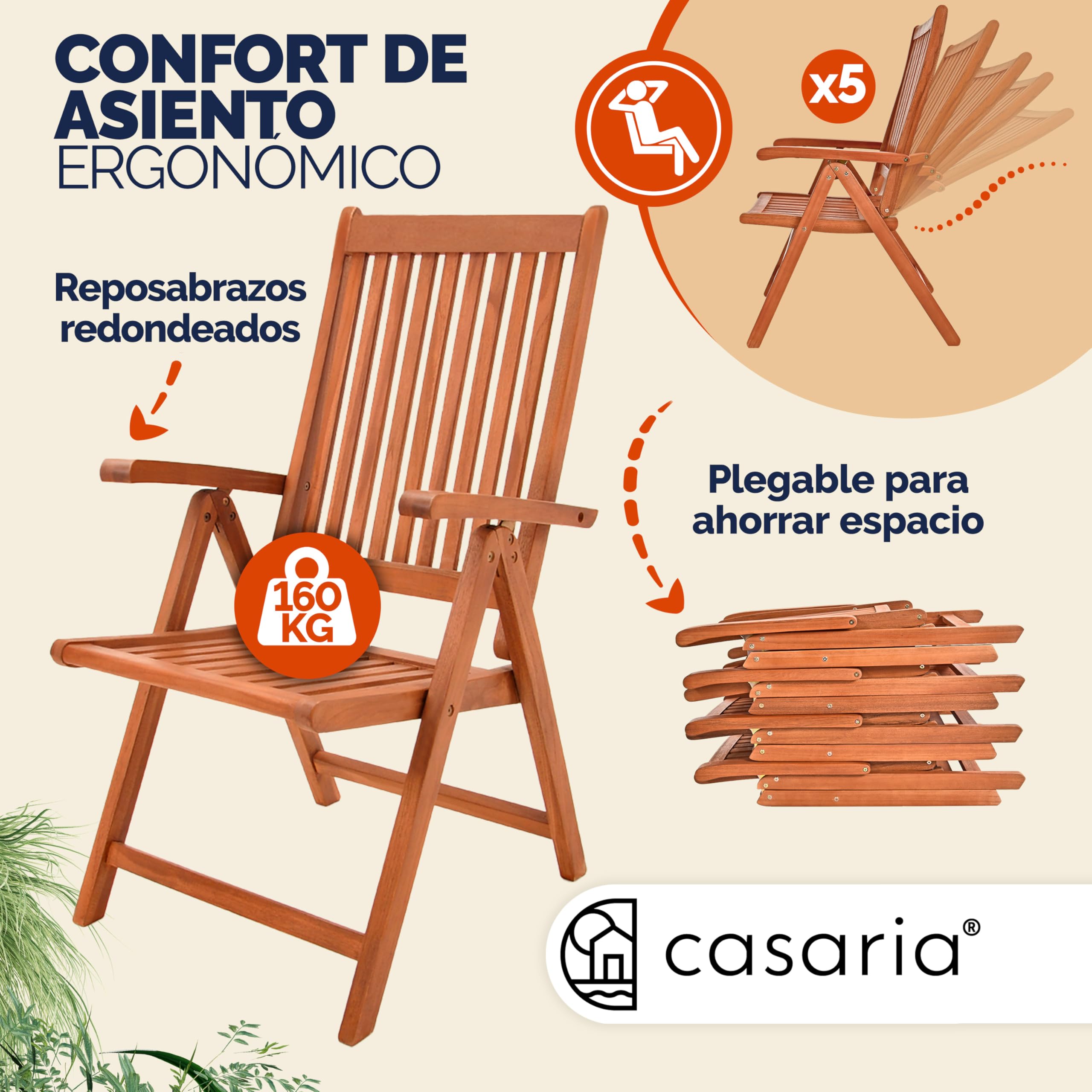 Casaria® Set 4x Sillas de Jardín Exterior Plegables Madera Eucalipto Certificada FSC® Asiento Respaldo Regulable Apoyabrazos Mobiliario Apilable Invernadero Balcón Terraza Patio Camping 55x70cm Marrón