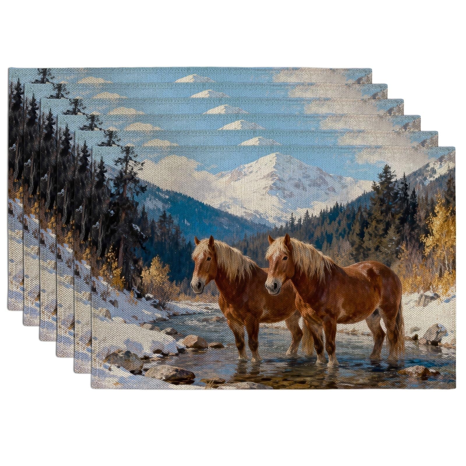 Horses in Nature Placemats, Rustic Country Landscape Place mats for Dining Table, Winter Seasonal Non-Slip Washable Indoor Outdoor Kitchen Party Decorative Placemat Set of 6