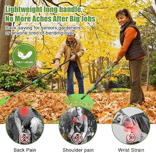 Miniatura 5 de Rastrillo de hojas resistente para césped, rastrillo de plástico grande de 16.5 pulgadas para hojas con púas reforzadas, herramienta de mango largo