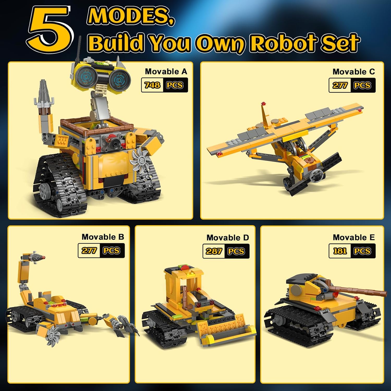 HiWEEGO Robot Building Sets for Kids - 5 in 1 Wall Robotic Kit, 748 PCS Robot with Interchangeable Arms Bulldozer Plane Building Block Toy Model for Boys Girls 8-12 Easter Home Decor