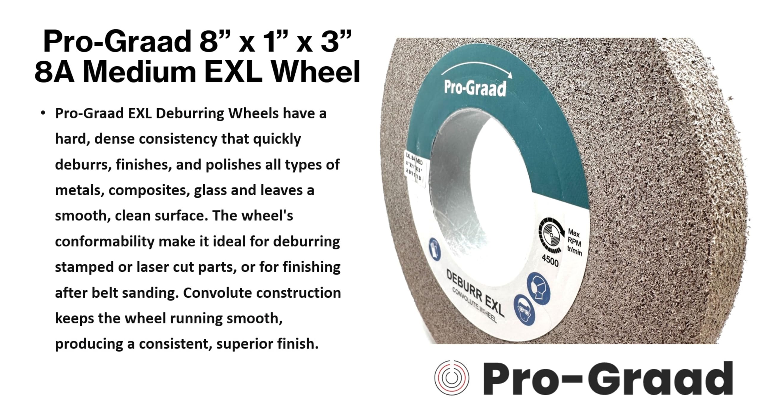 EXL Rueda de desbarbado – 8 x 1 x 3 pulgadas, grano medio 8A, óxido de aluminio, rueda de desbarbado, acabado y pulido de metal, convoluta (1 unidad)