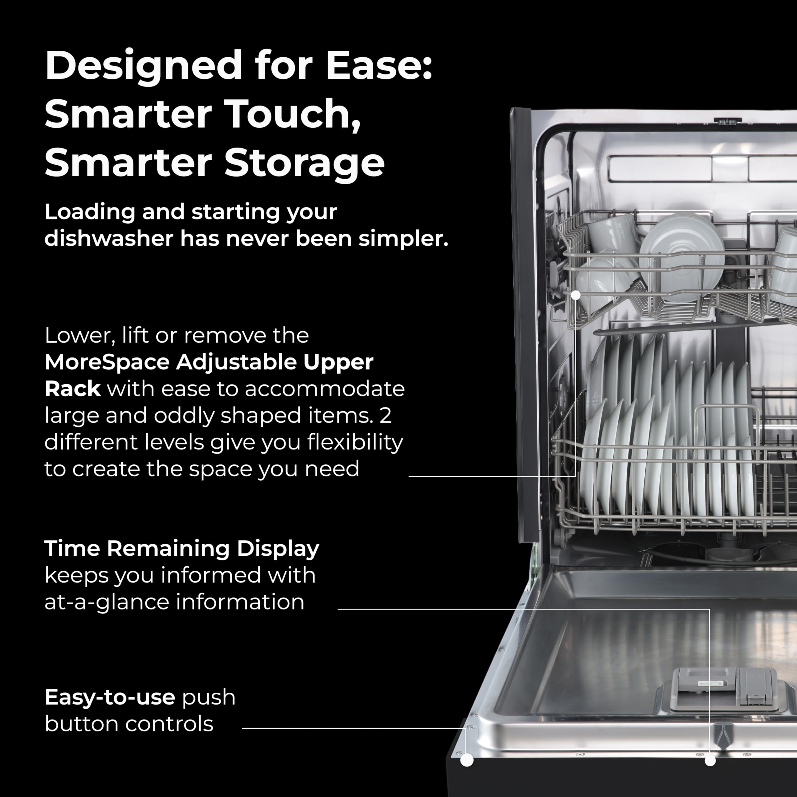 Kenmore 24" Premium Hybrid Tub Dishwasher - UltraWash, MoreSpace Adjustable Rack, High Temp & SmartWash - 12 Place Settings - 54 DBA - ENERGY STAR Certified - Black
