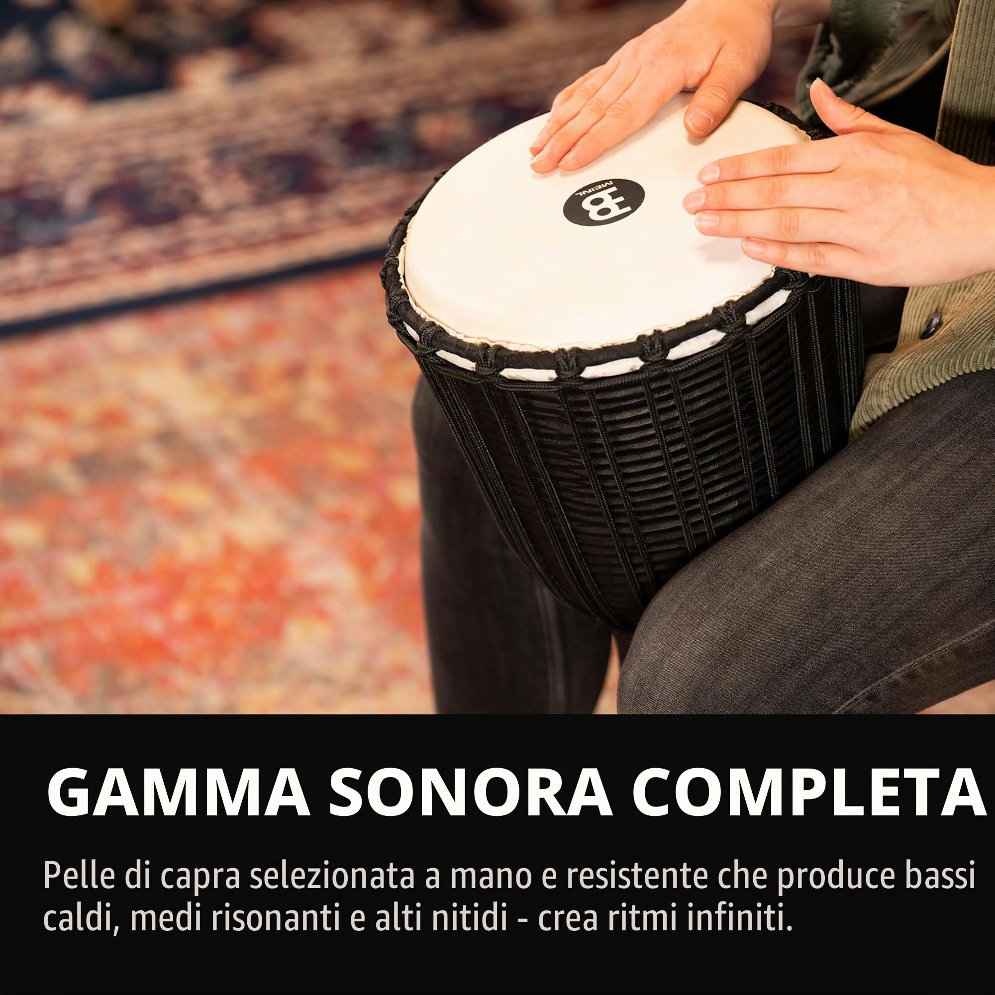 Meinl Percussion HDJ3-M, Djembe in legno, Serie Headliner/Black River, Tiraggio a Corde, Diametro 10", 25.4 cm, Misura M, Nero