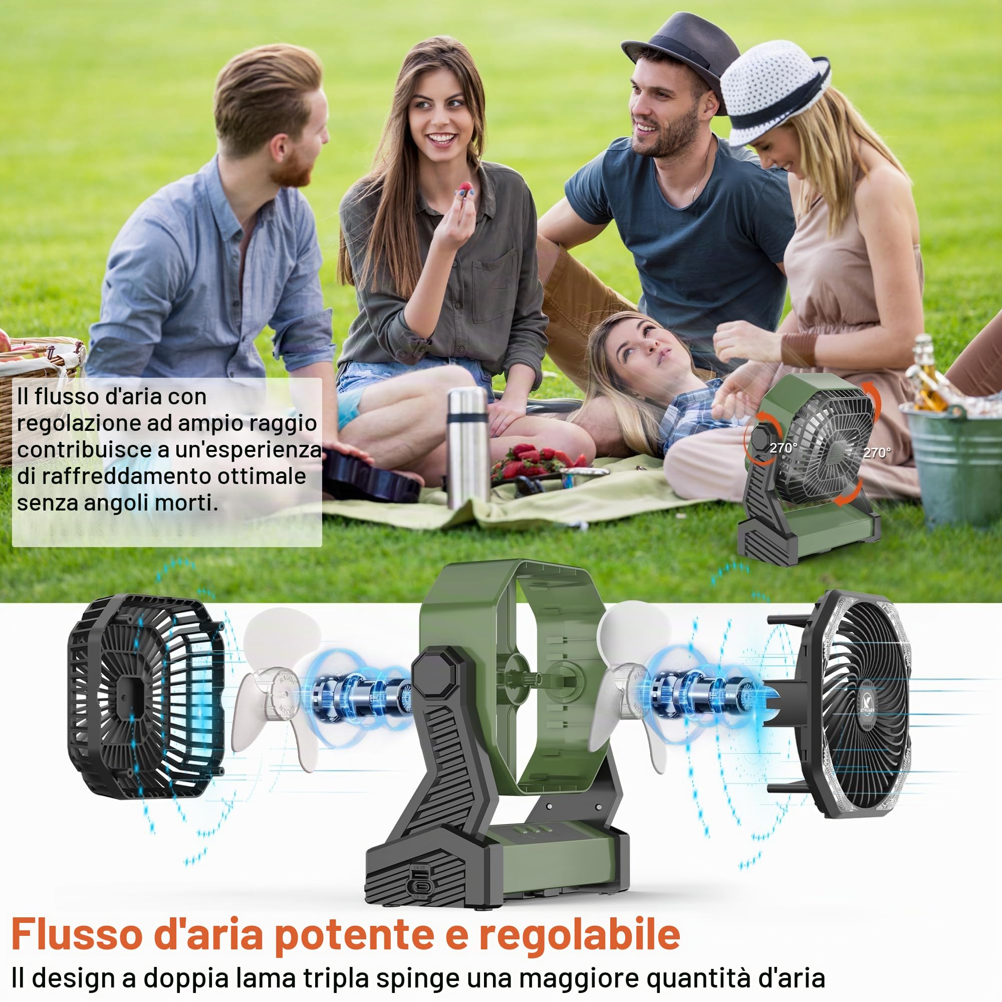 Ventilatore da campeggio con torcia LED 20000mAh Batteria ricaricabile Ventilatore da tenda ricaricabile luce e gancio Ventilatore da tavolo USB personale per il campeggio e la pesca -Verde militare