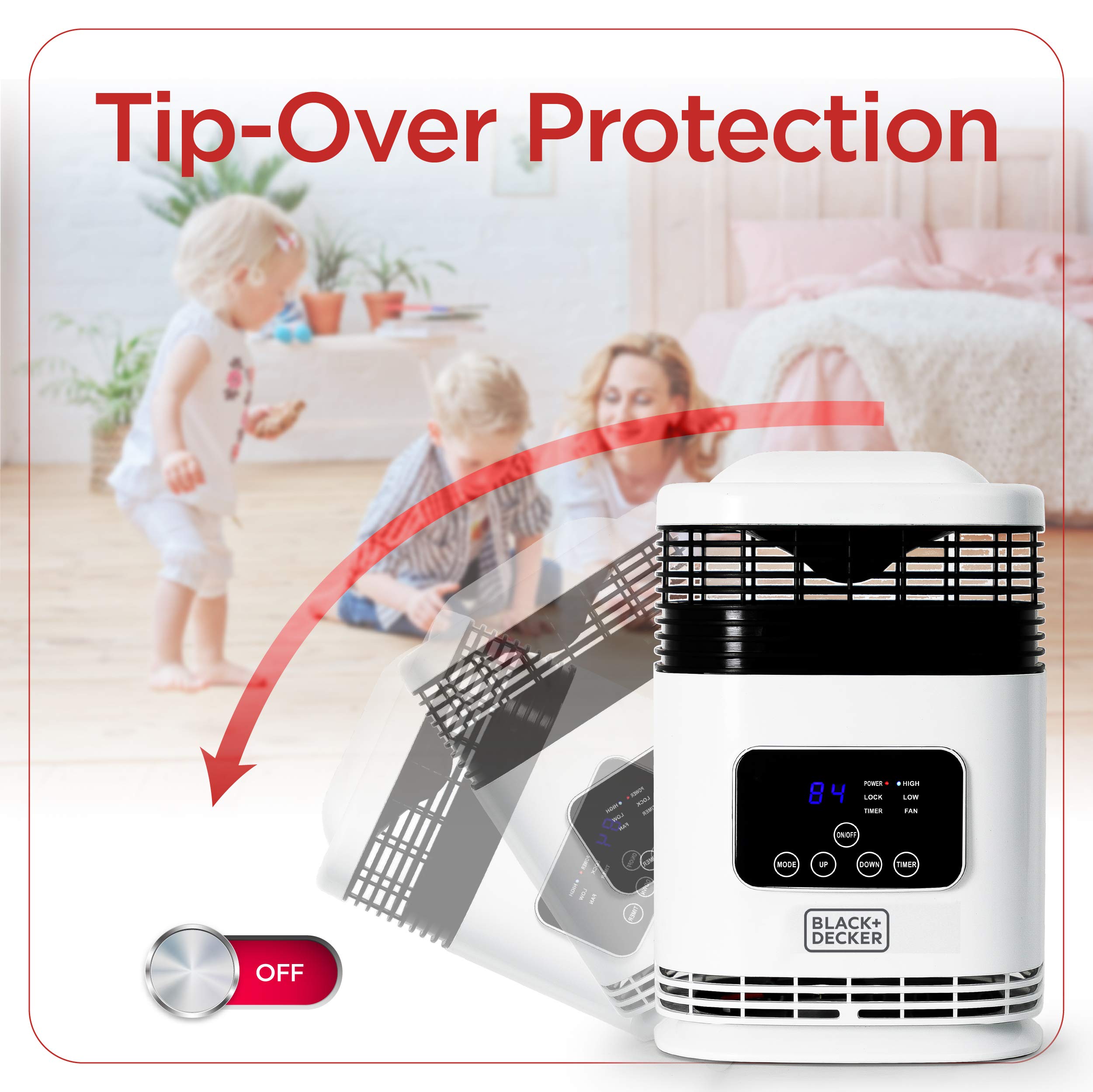 BLACK+DECKER BH1607 heater with an arrow indicating tip-over protection, with children playing in the background.