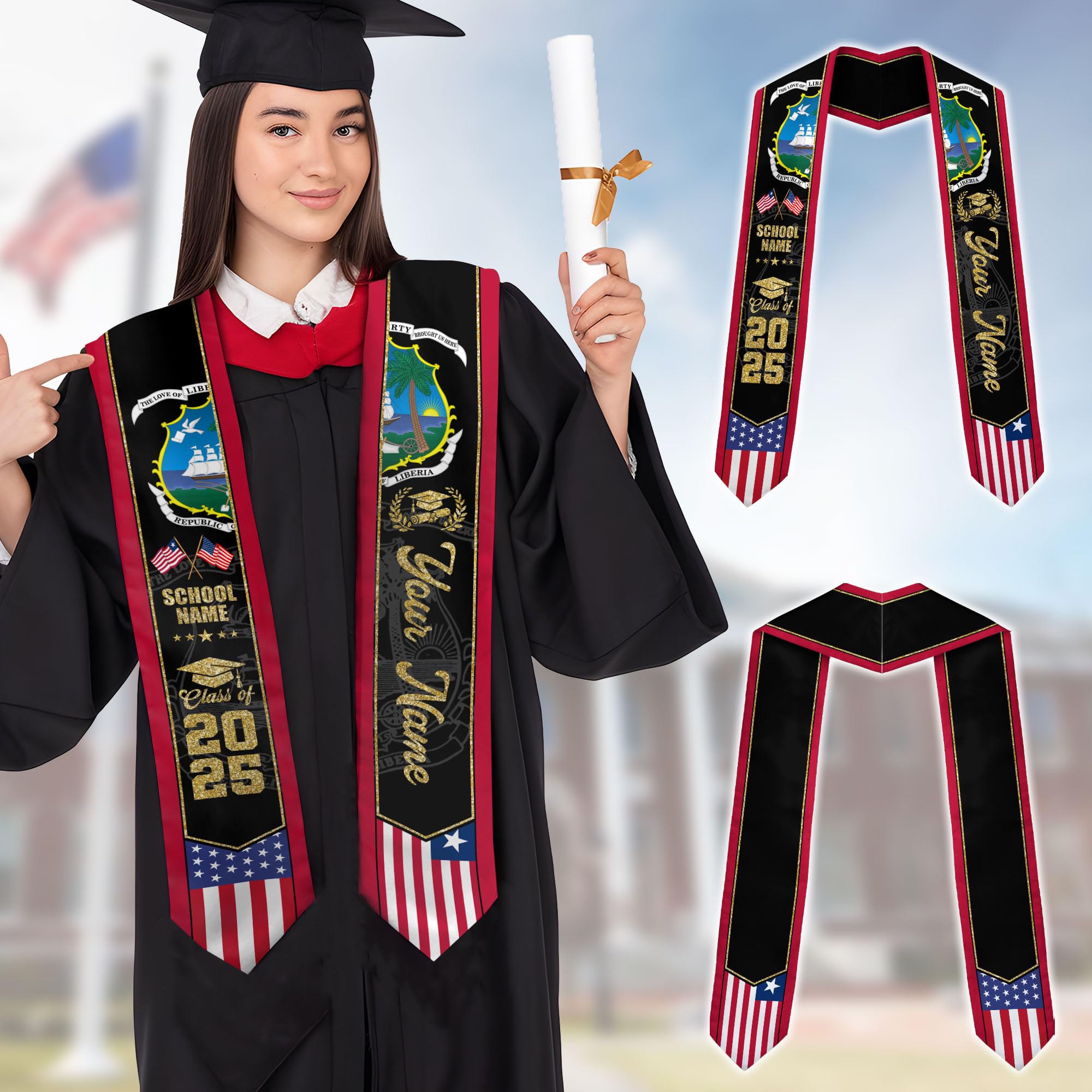 MonkeyVan Personalized Liberia Graduation Stole, Liberian Graduation Sash, Liberia Flag Graduation Stole, Class of 2025 Lb9