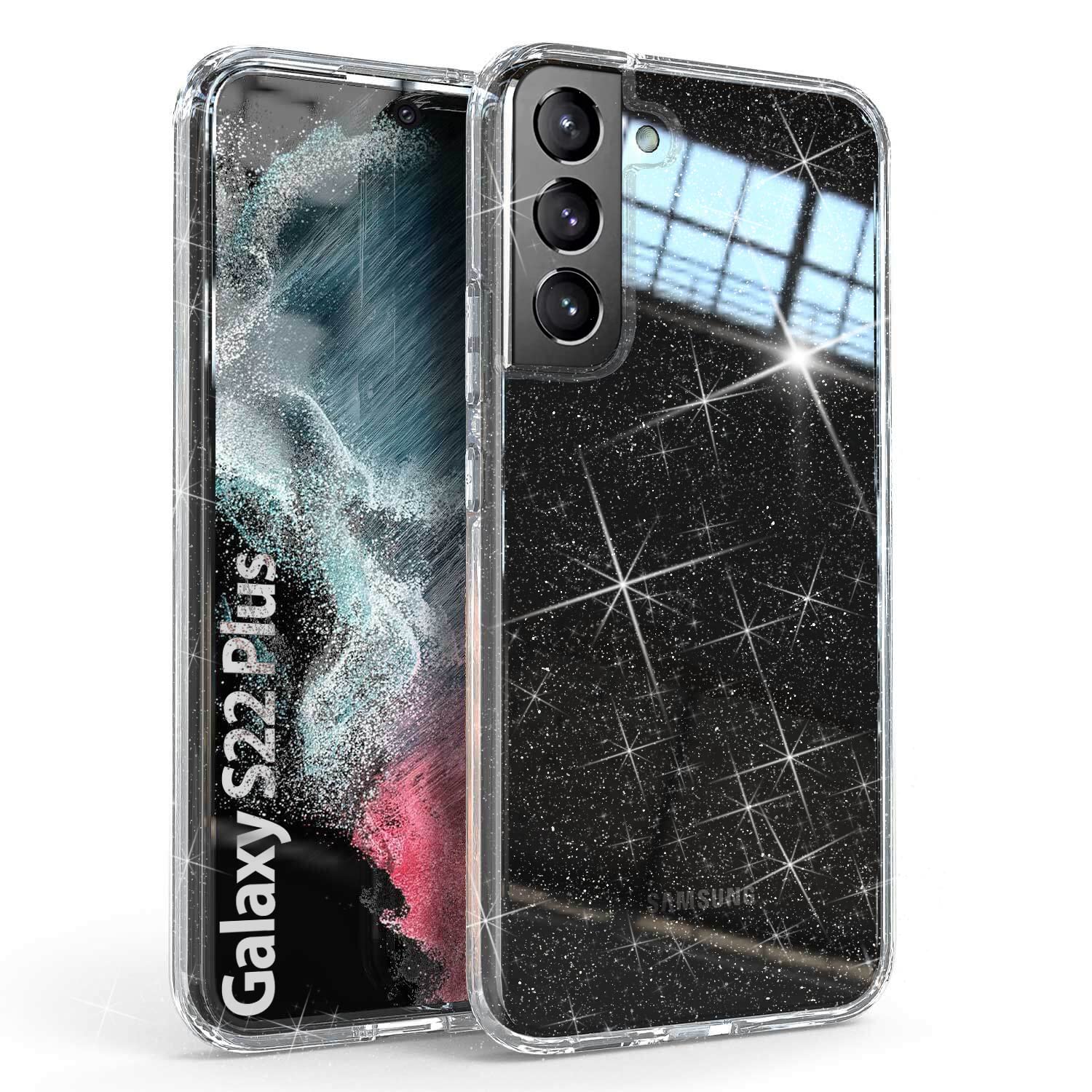 KIOMY Glitter Clear Case for Samsung Galaxy S22 Plus 5G Design for Girls Women Hybrid Hard PC Back Shell & TPU Raised Bezel Shockproof Bumper