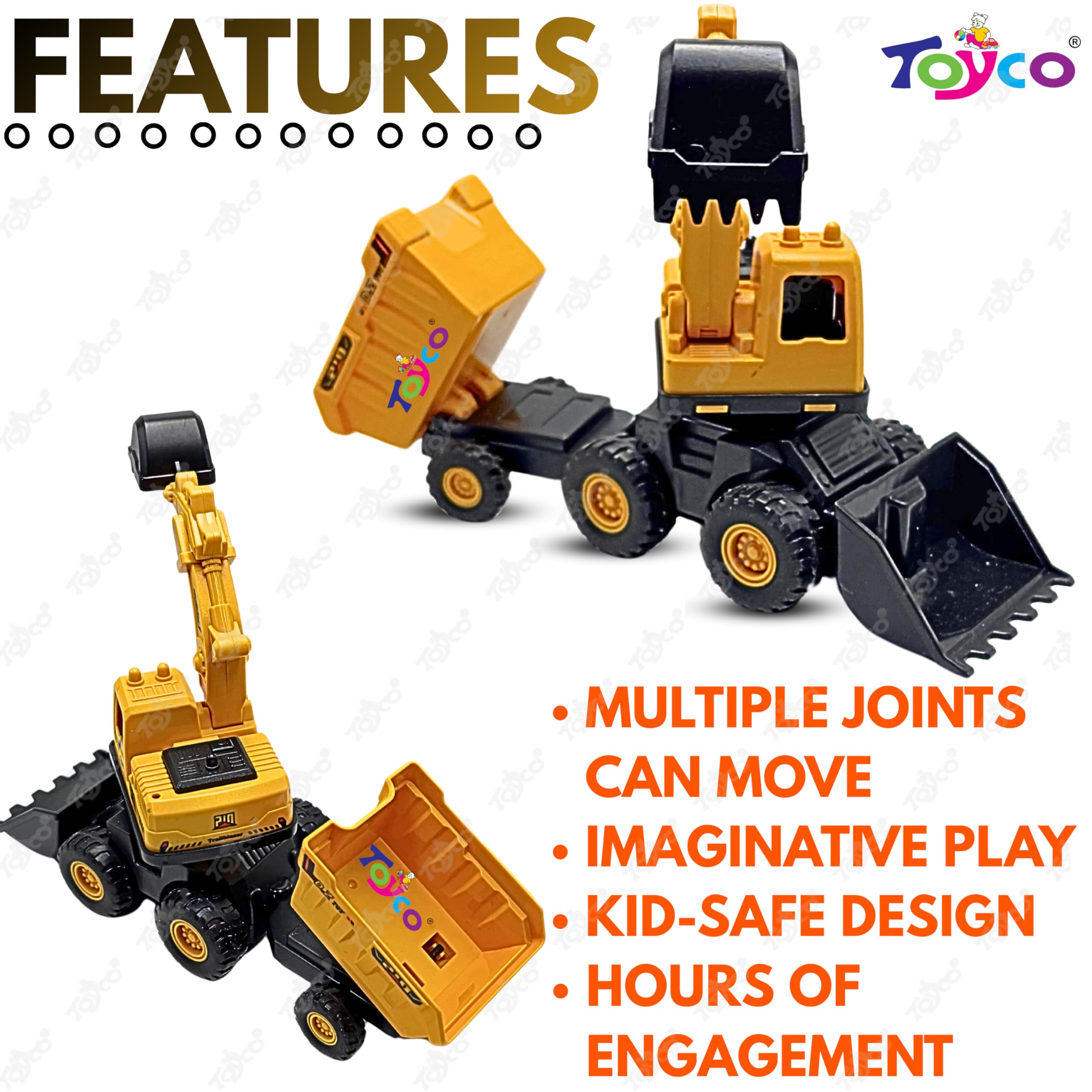 toyco® 2-in-1 Friction Powered Bulldozer Cum Excavator Construction Toys for Kids | Push & Go Engineering Truck | 180° Rotatable Earthmover | Durable ABS Plastic (Excavator_Yellow) 2