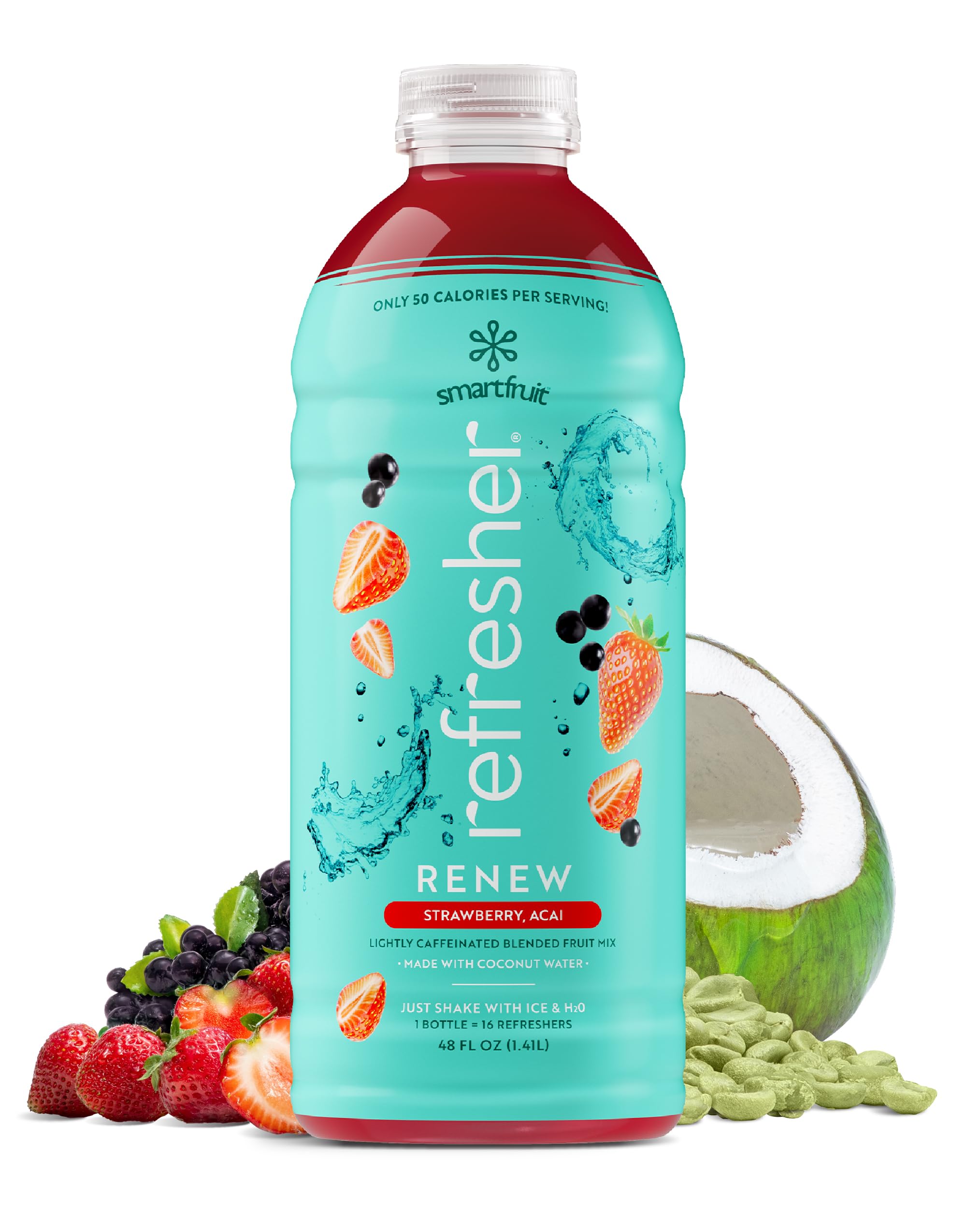 Renew Refresher – Strawberry, Acai – Made with Real Fruit Juice, No Added Sugar, Coconut Water for Hydration, Green Coffee Bean Extract for Natural Energy – 48oz Drink Mix