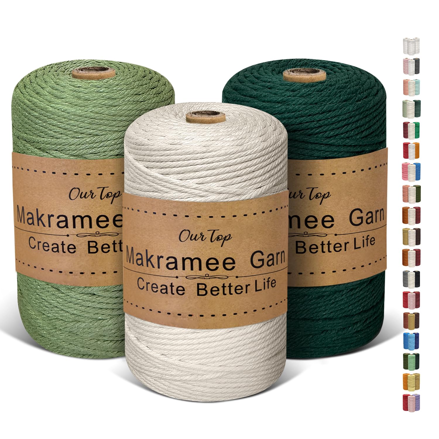 OurTop 3 Rolls Premium Macrame Cord, 3mm x 220m Braided Macrame Rope Twisted Cord Yarn Macrame Yarn Thick Rope for Wall Hangings, Plant Hangers, DIY Crafts(Beige, Light Green, Dark Green)