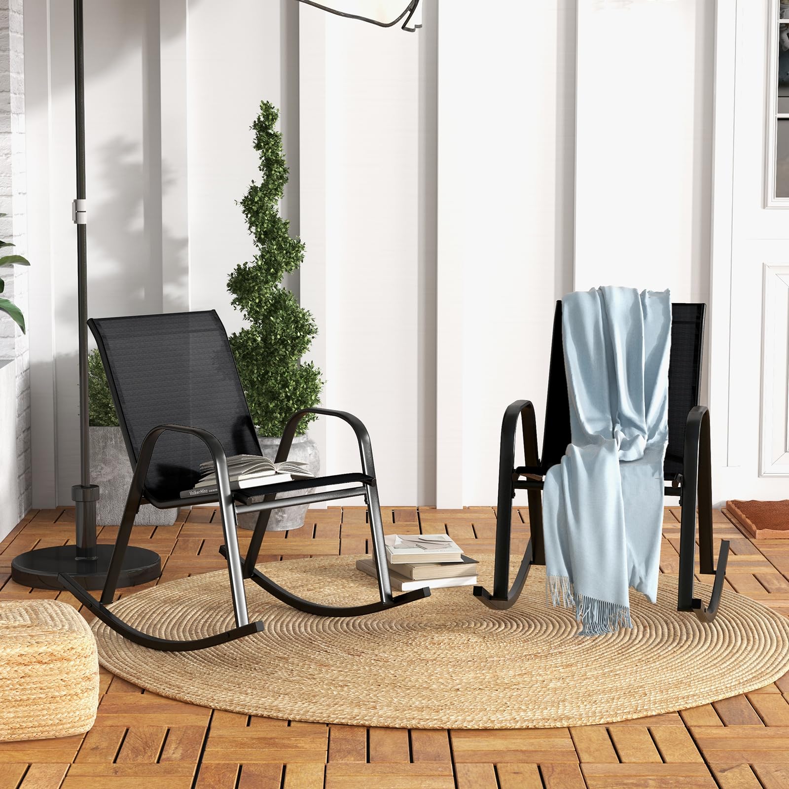 GOPLUS Lot de 2 Fauteuil Jardin Exterieur à Bascule en Textilène, 62 x 91 x 86 CM, Rocking Chair Cadre Métal avec Dossier Incurvé et Accoudoir Ergonomique, Charge de 150 KG, pour Jardin, Balcon (Noir)