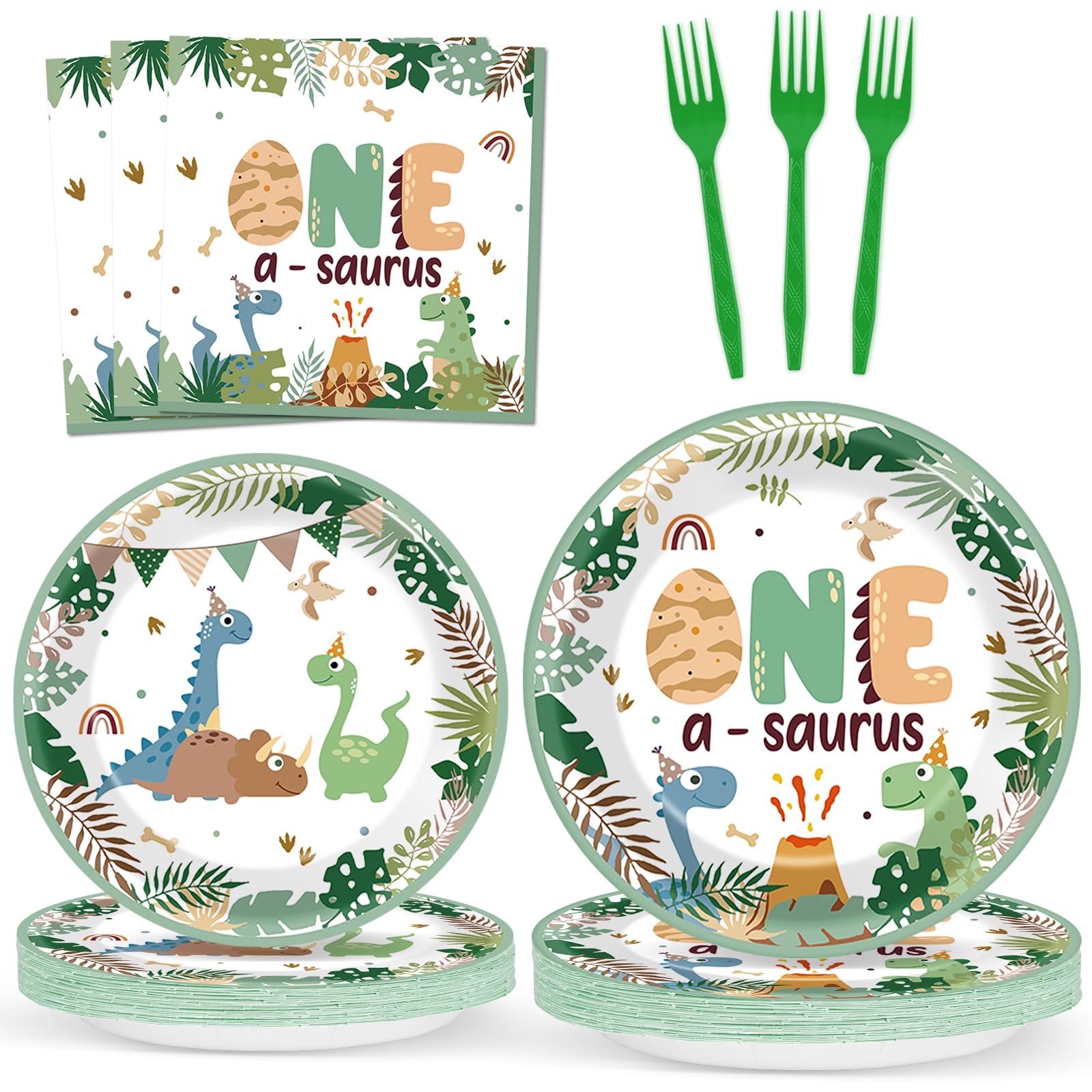 96Pcs One A Saurus Dinosaur 1st Birthday Plates and Napkins Boho Dino First Party Decorations Dinosaur First Dessert Plates Cartoon Jungle Dino 1st