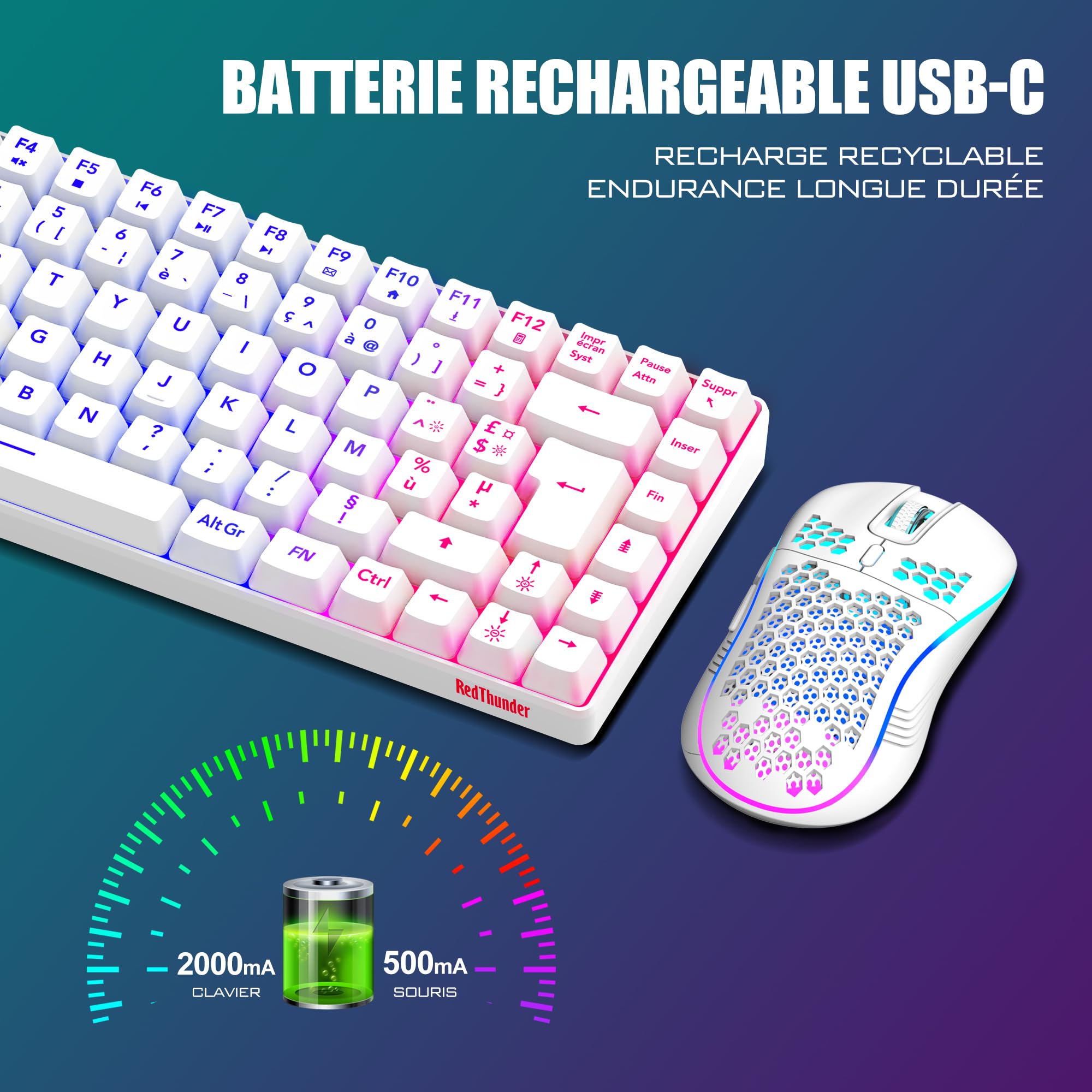 RedThunder K84 Combo Clavier et Souris USB sans Fil Gamer, AZERTY Français, Batterie Rechargeable RVB Rétroéclairée, Clavier TKL à 75% et Souris Optique Légère en Nid d'abeille 3200 DPI(Blanc)