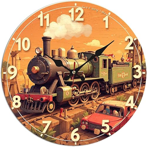 Vintage Steam Train Wooden Wall Clock with Red Truck for Retro Decor 25x25cm