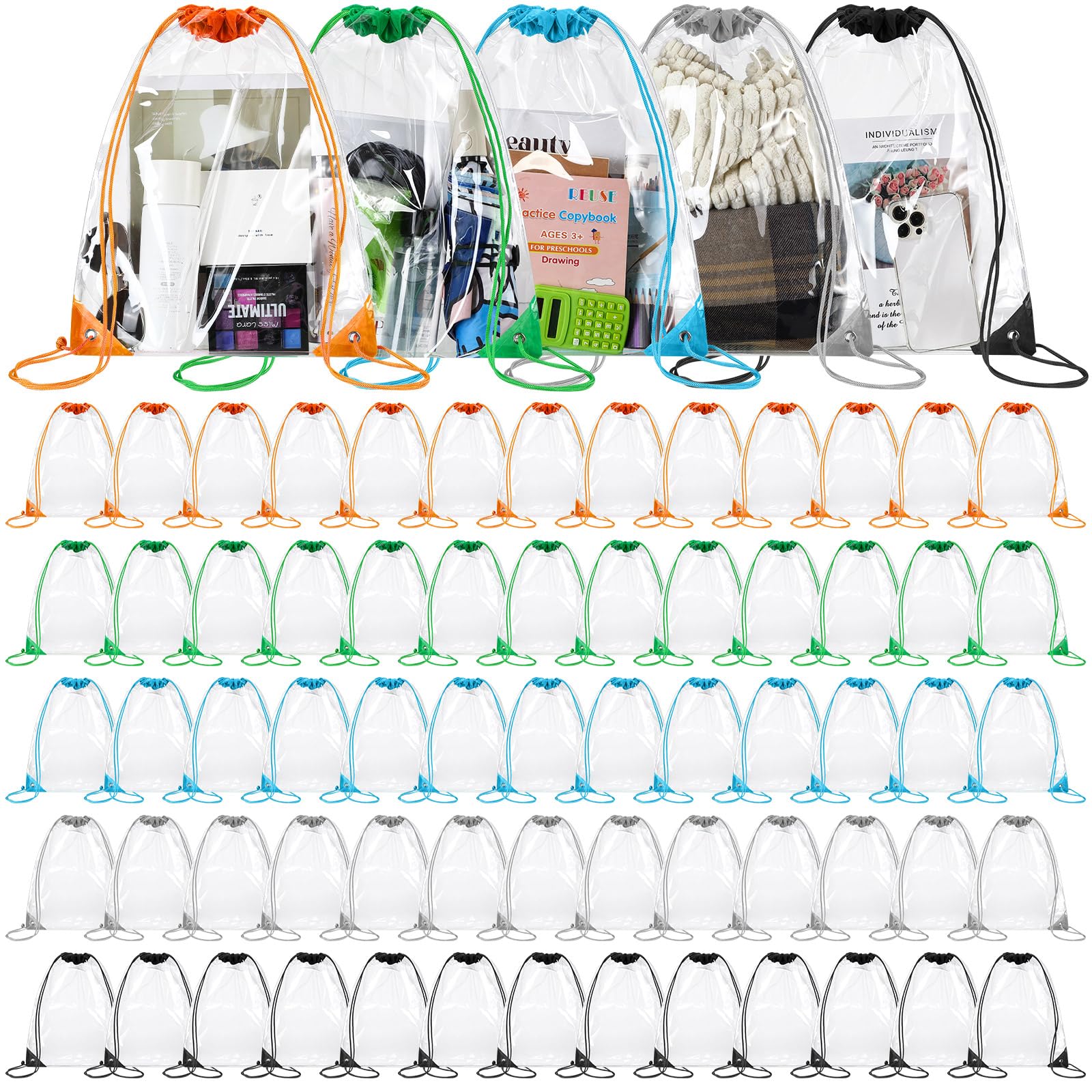 Huhumy 100 Pack Clear Drawstring Bags Bulk PVC Waterproof Clear Drawstring Backpack for Men Women Gym Sport Event Security