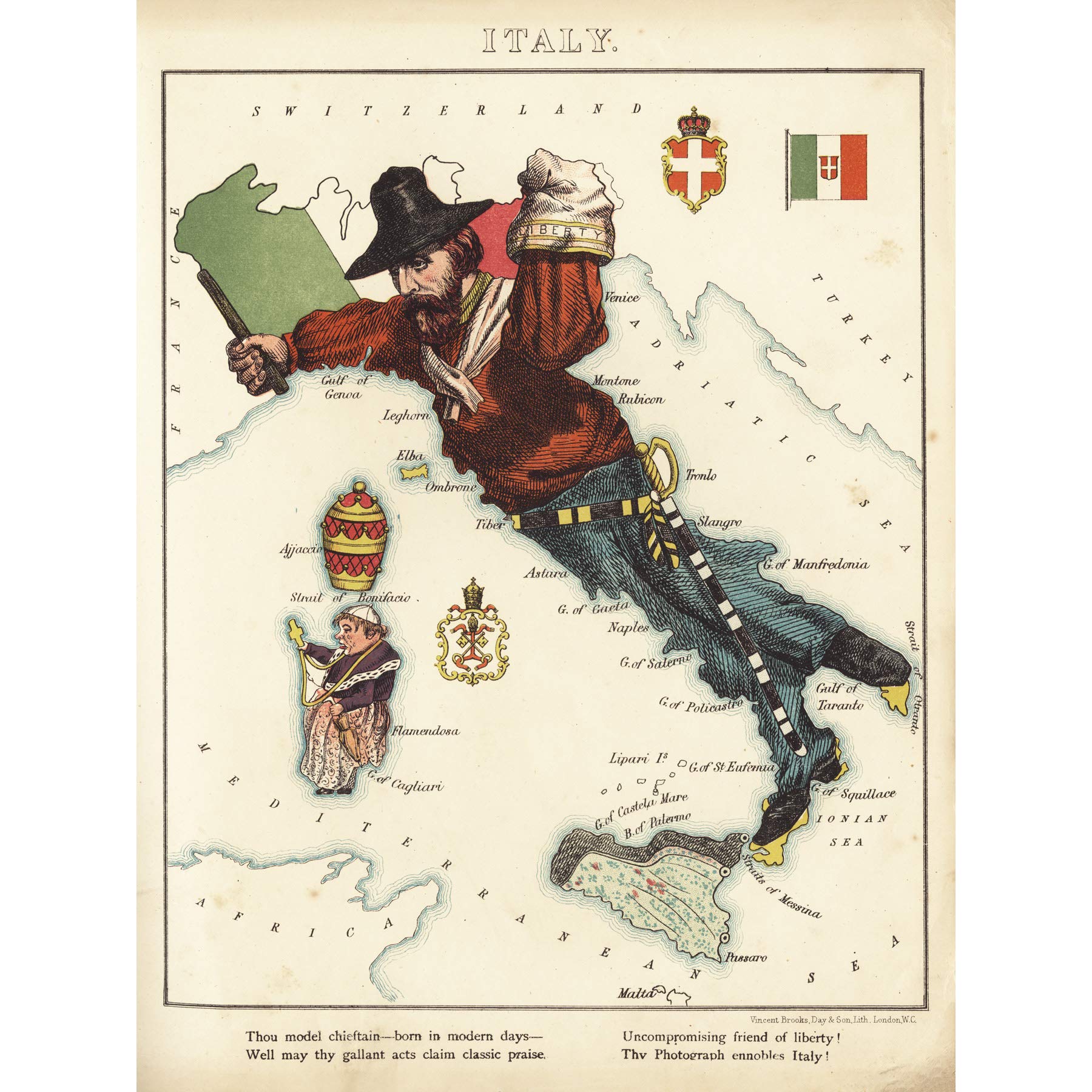 Fine Art PrintsLancaster 1869 Pictorial Map Italy Fun Geography Premium Wall Canvas 18X24 Inch