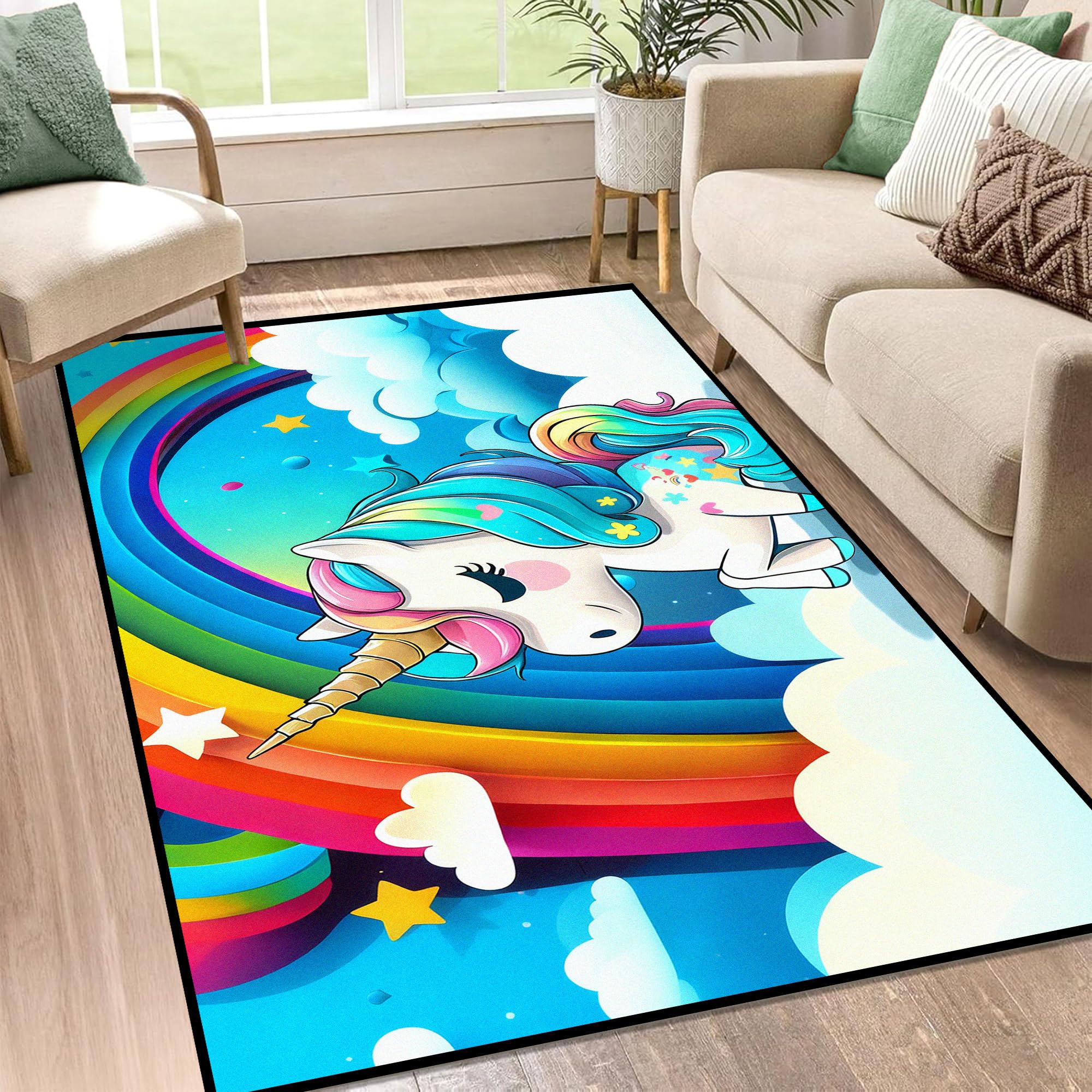 FUYEUN 3' x 5' Unicorn Rugs for Kids Girls Bedroom Rainbow Area Rug Carpet Living Room Washable Doormats Women Indoor Non-Slip Floor Mat
