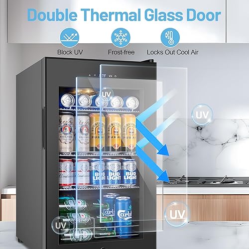 Miniatura 4 de Refrigerador de bebidas, 17 pulgadas, 120 latas, mini refrigerador independiente con puerta de vidrio, estantes ajustables y luz LED, nevera pequeña