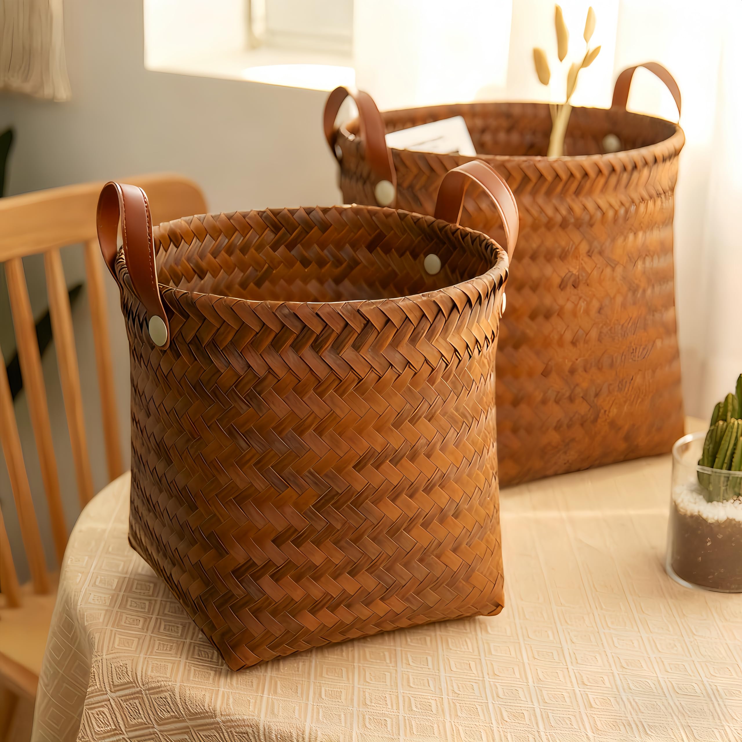 Uwenkjie Artificial Rattan Storage Basket Basket, Bin for Toys, Laundry, Blankets, Modern Home Decor, Lightweight & Durable Woven Hamper with Handles，two-piece set 30cm×30cm×28cm