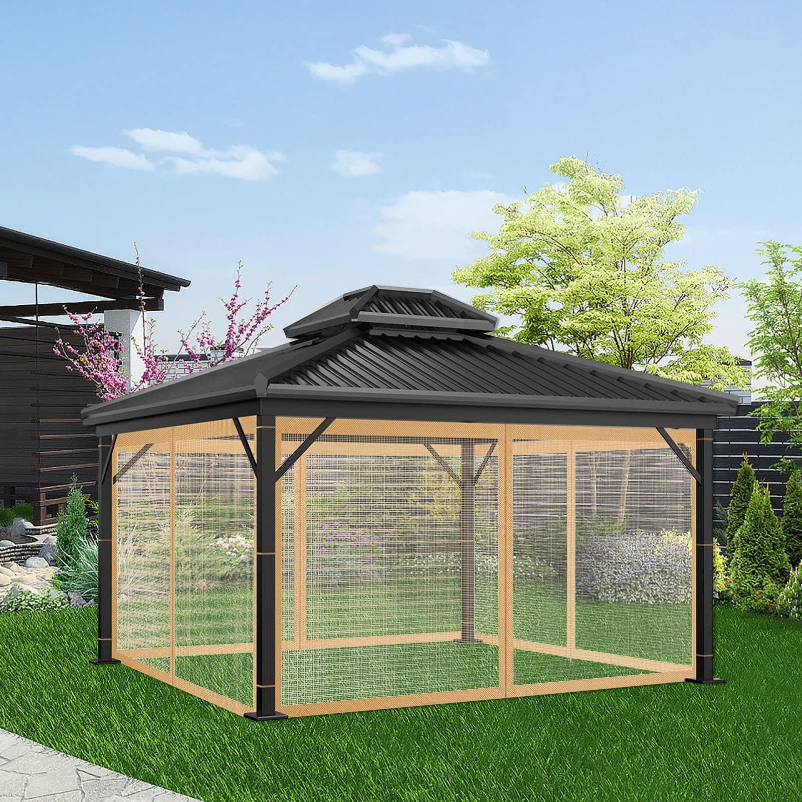 Jianyana 4 Pannelli Laterali Zanzariere per Gazebo con 8-Sacchetto Portante, 300×300CM Tende Zanzariera di Ricambio Universale con Cerniera （Marrone）