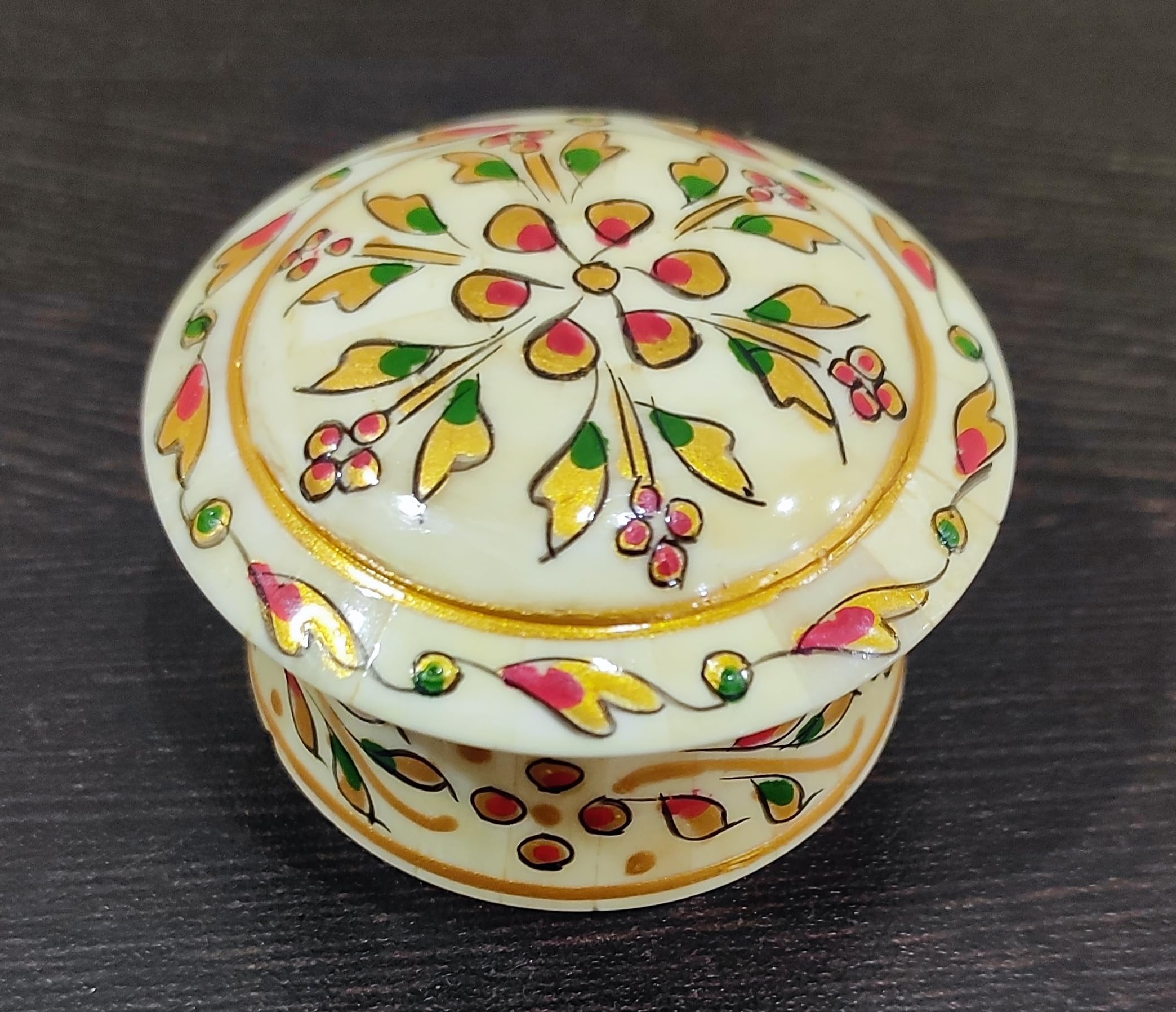 Red Ribbons Antique Camel Bone Box Painted Handcrafted, Round Shaped Small