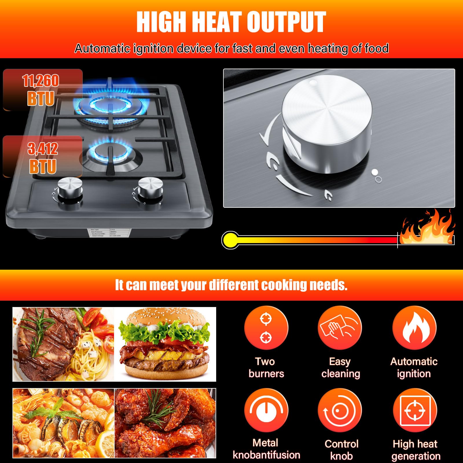 Gas Hob,Built-in Stainless Steel Gas Hob 2 burners with Flame Failure Protection,Cast iron grille,Power cable110cm/43in,Cast Iron Pan Support,LPG/NG Kit,51cm x 31cm — view 5