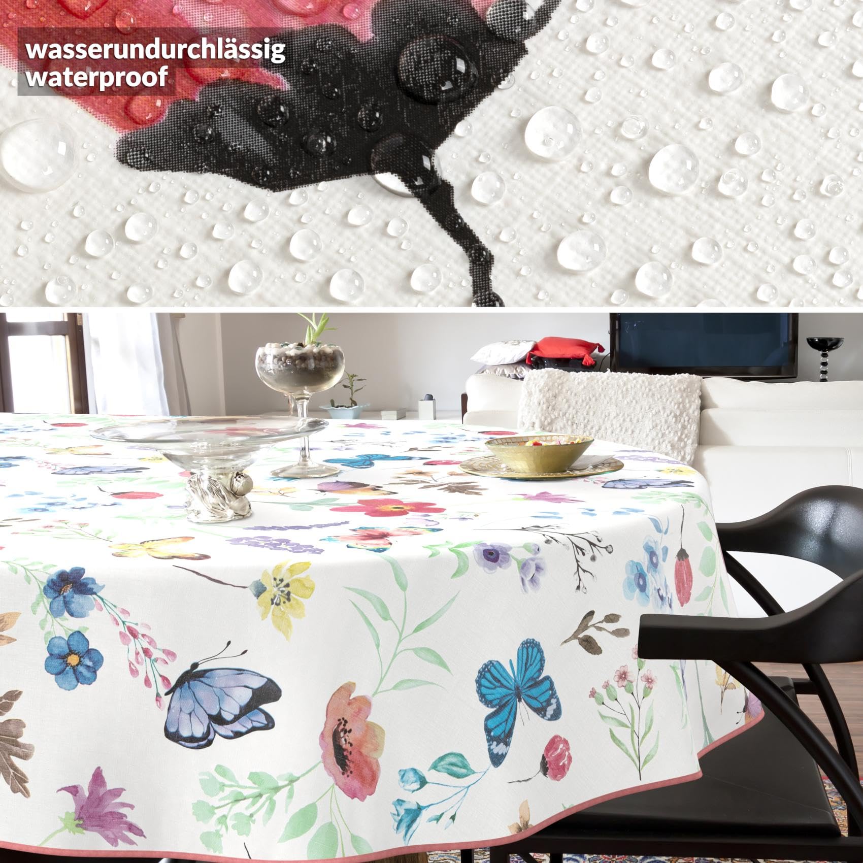 Tovaglia cerata, lavabile, facile da pulire, impermeabile, effetto loto, motivo farfalle, ovale, 160 x 140 cm, con orlo (orlato)