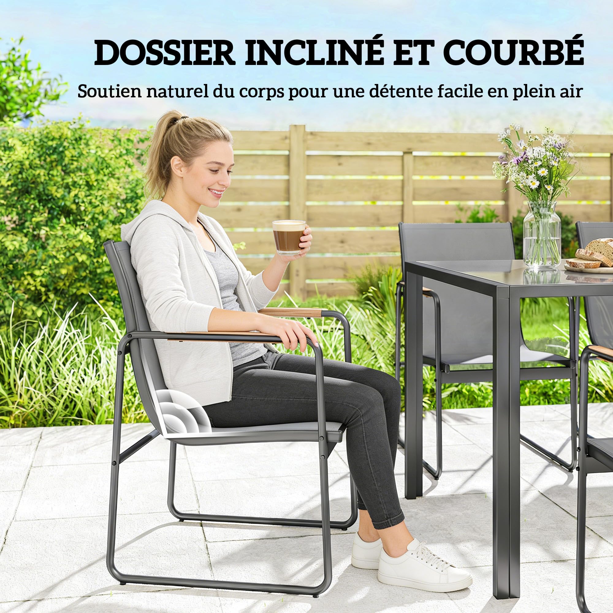 Outsunny 7-teiliges Outdoor-Esszimmer-Set für 6 Personen, Glastisch und Stühle mit dekorativen Armlehnen, Gartenmöbel aus Stahl für die Terrasse, grau