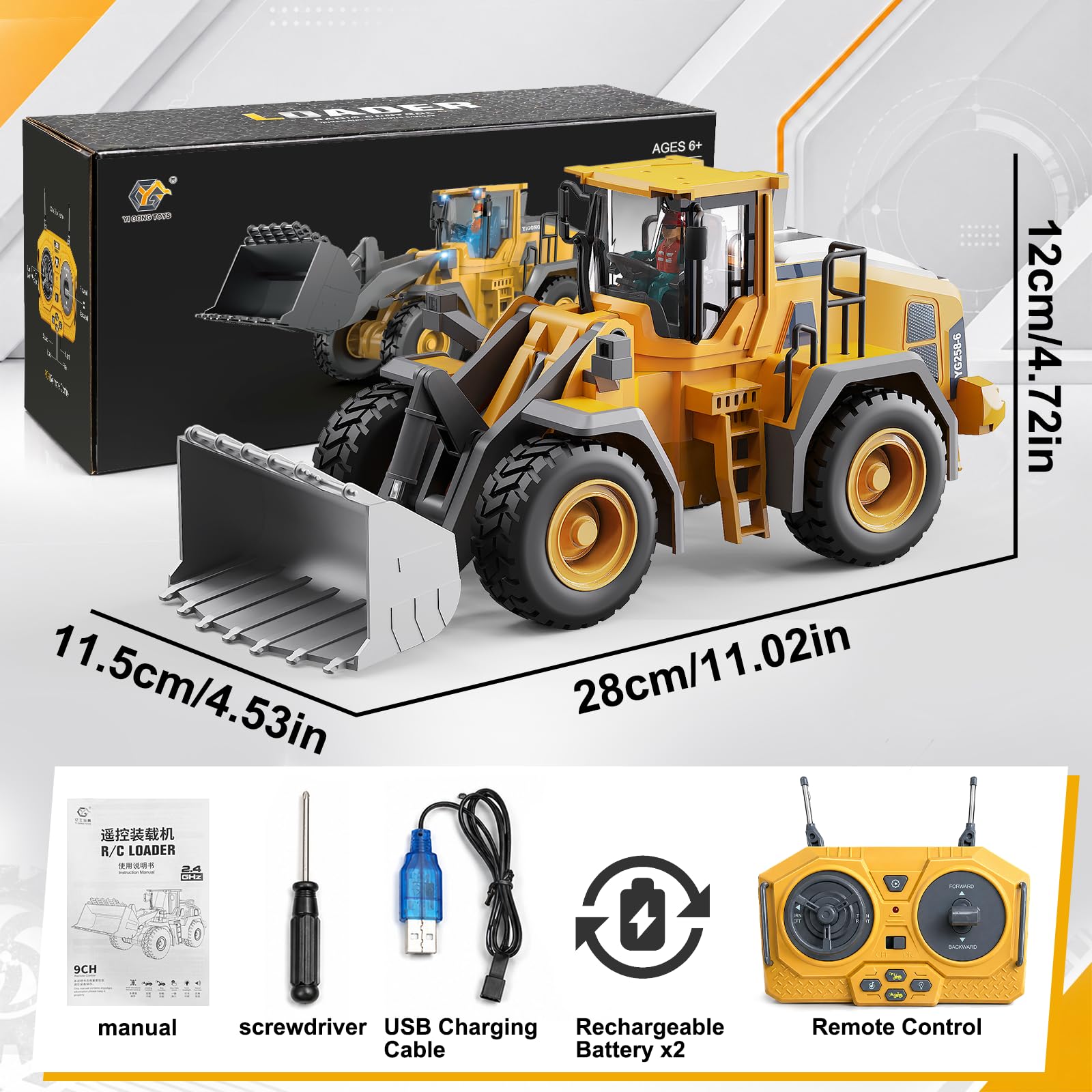 YESHIN Pala gommata telecomandata, 1:20 RC veicolo da cantiere per bambini, escavatore RC a 9 canali con telecomando da 2,4 GHz, lunga durata di gioco, veicolo da cantiere, regalo per bambini dai 3