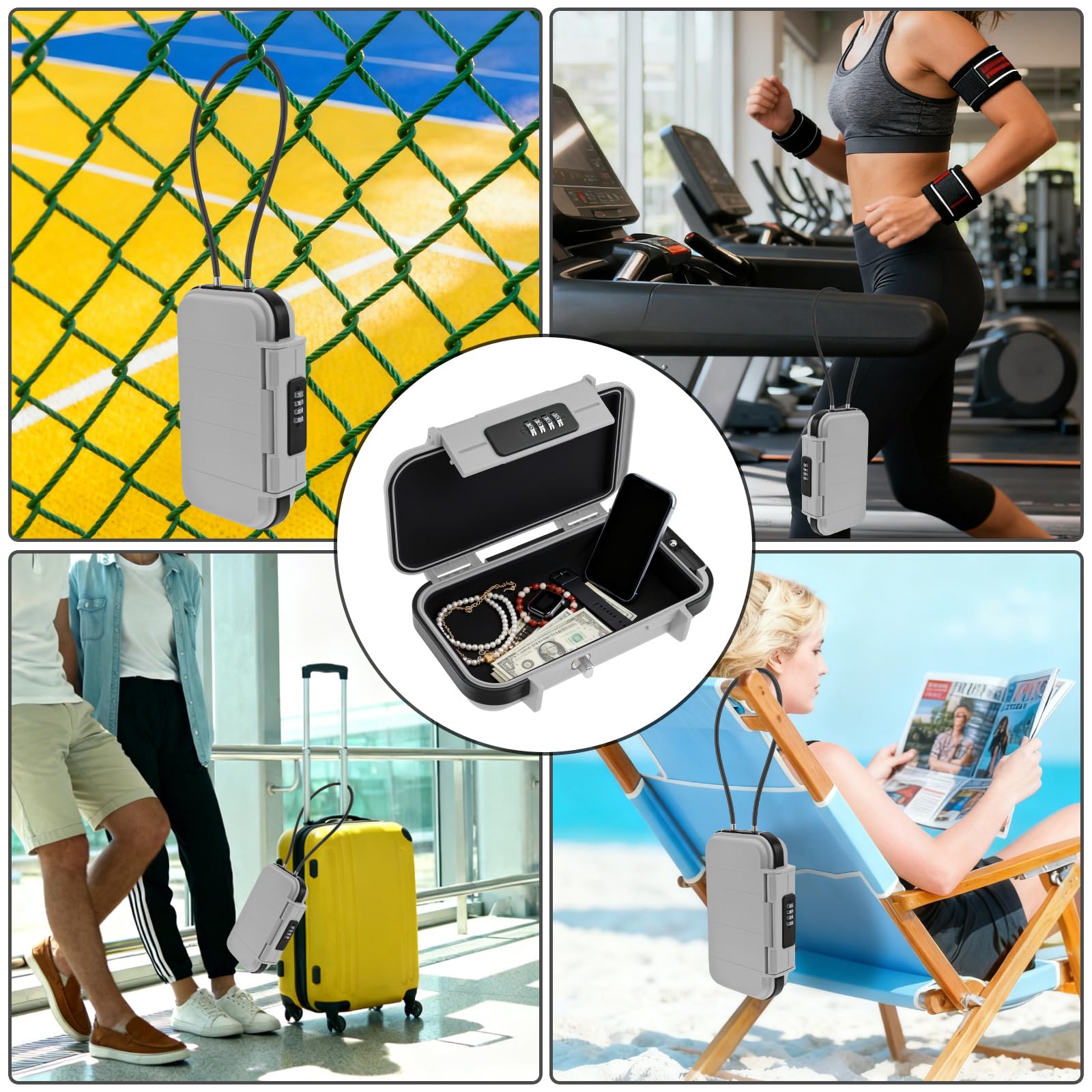 Coffre-fort portable, boîte de sécurité à combinaison avec code, étanche, antivol avec chaîne amovible pour la plage, le dortoir, le rangement d'objets personnels (gris)