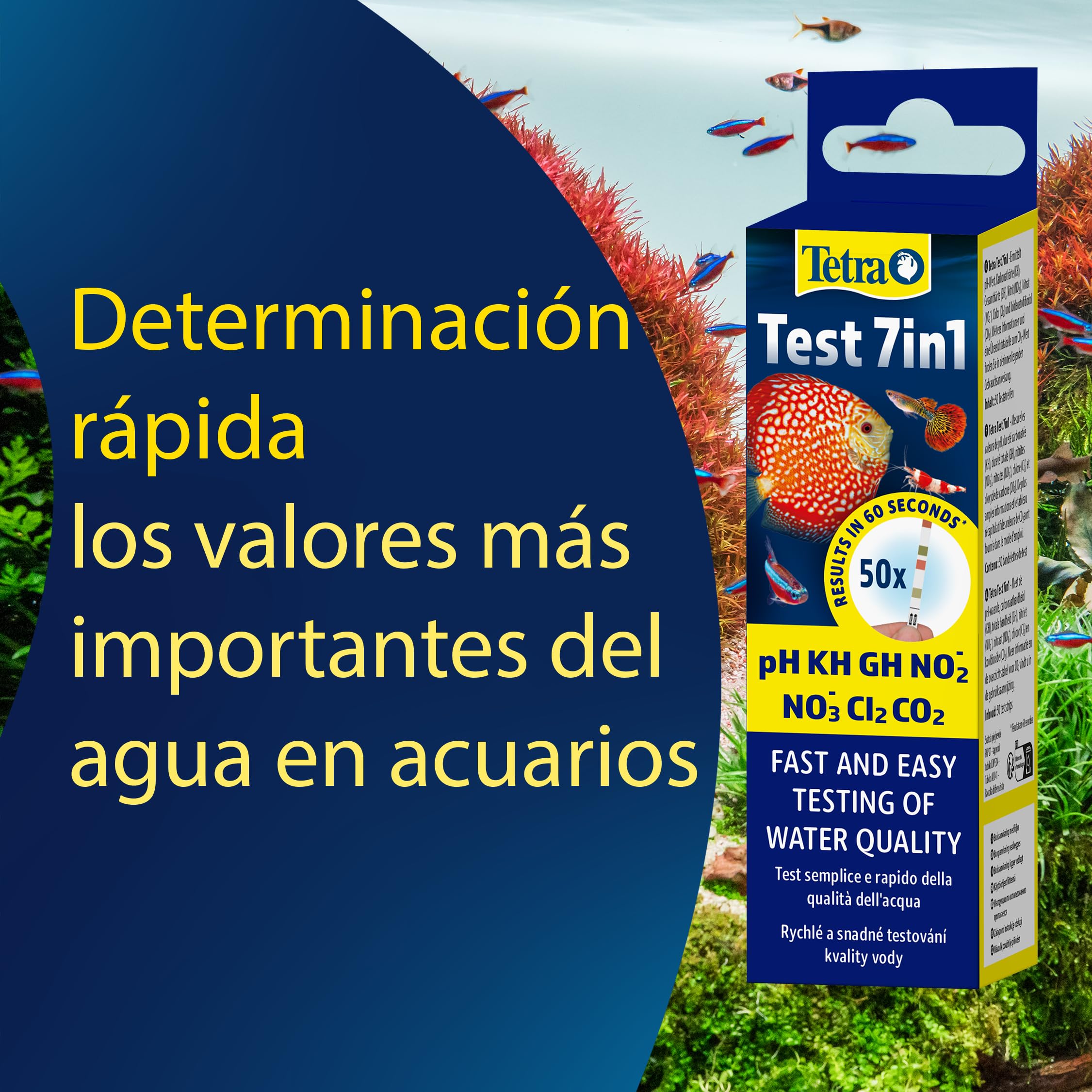Tetra Test 7in1 - Test de agua para acuarios, control rápido y sencillo de la calidad del agua, 1 paquete (50 tiras reactivas)