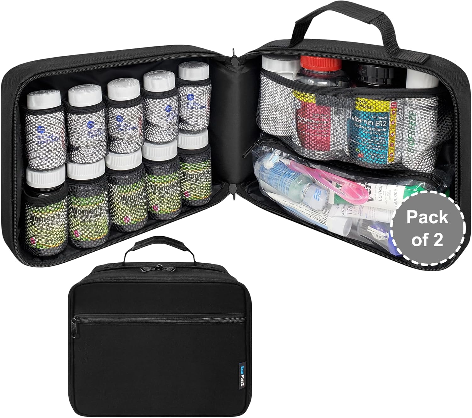 Pack of 2 - Large Pill Bottle Organizer - 10 Pockets Medicine Bag for Travel & Home Storage - Black
