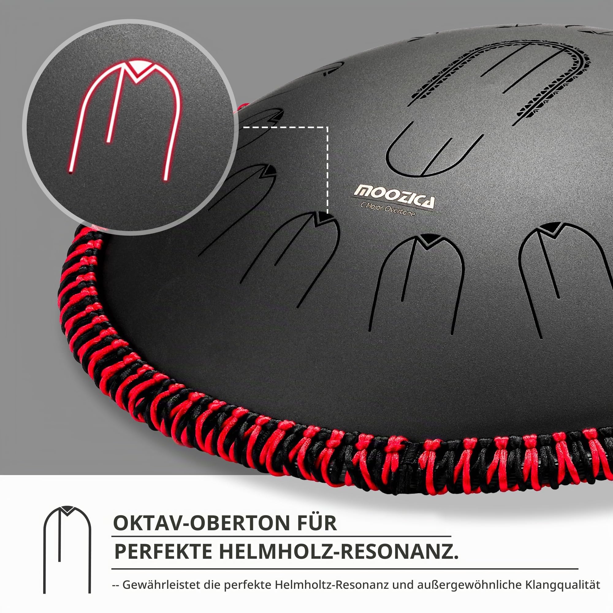 MOOZICA Zungentrommel 15 Zoll Steel Handpan – 15 Noten in C-Dur 432Hz Zungentrommel mit Oktav-Oberton-Design – professionelles Percussion-Zungentrommelinstrument (C-Dur, Schwarz)
